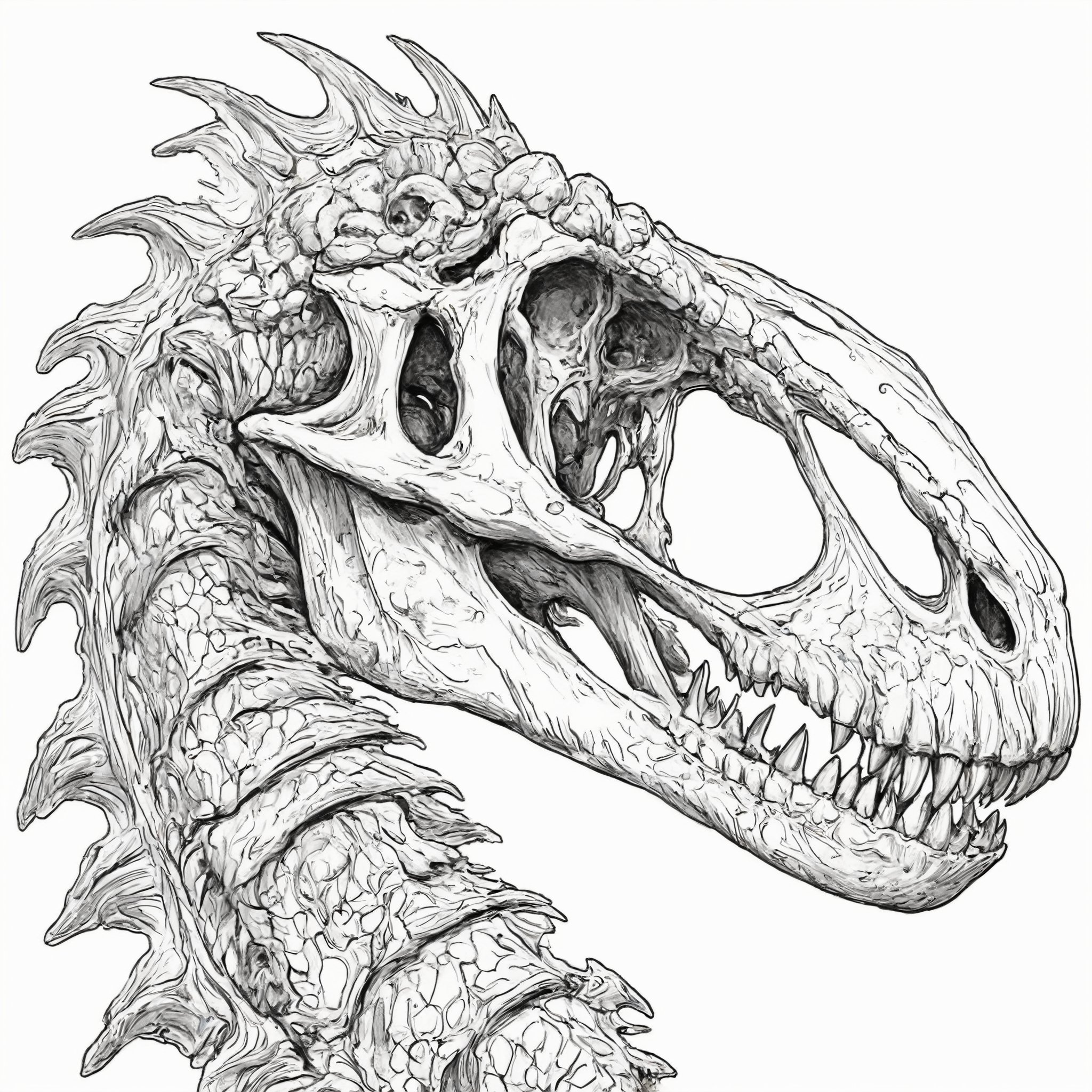 (Line art), exquisite detail that overwhelms the viewer, intricately intertwined dragon bones, and the skull of a tyrannosaurus.,lineart,LineAniAF