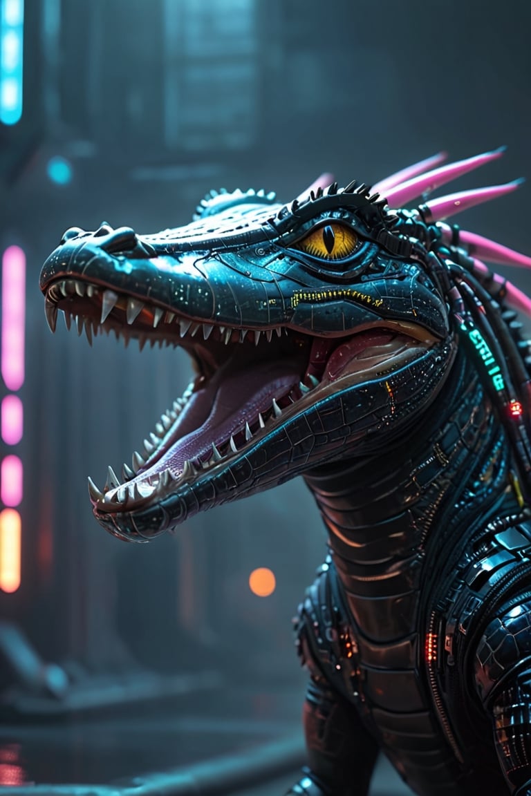 Visualize a cyberpunk-style alligator, with its mouth sealed shut by a zipper. Its metallic jaws are adorned with intricate circuitry and glowing neon accents, giving it a futuristic and menacing appearance. The zipper, made of sleek,future.,alien,nocturne,circuitboard,Animal Verse Ultrarealistic ,bokeh