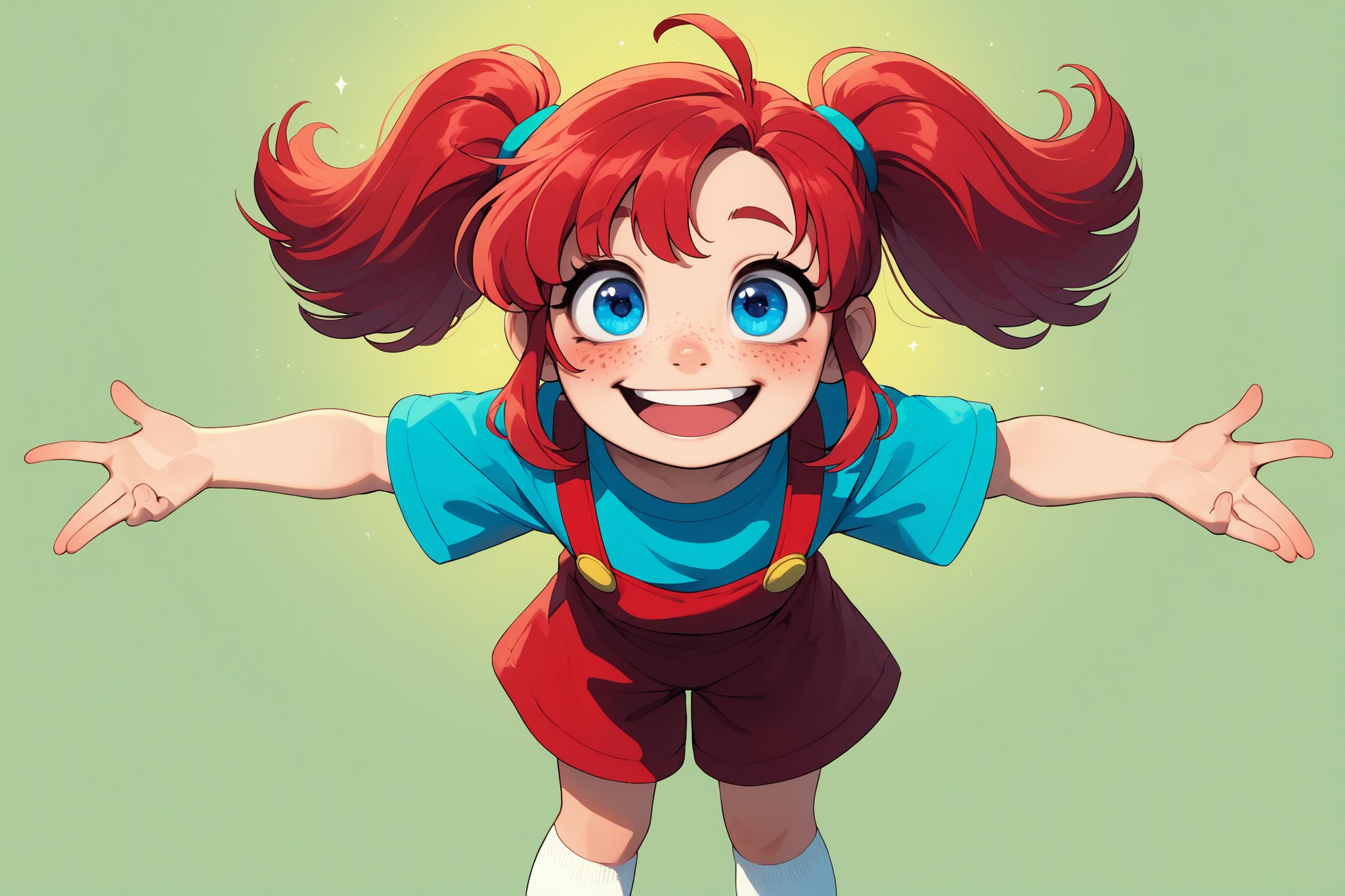 1 little girl,9yo,Pippi Långstrump,Adorable energetic and adorable girl,bright red hair tied in pigtails, A face full of freckles, sparkling blue eyes, a big smile, an oversized blue shirt hanging loosely, long socks with suspenders of different colors on each side,
Socks with different colors on the left and right sides, socks with an asymmetric design,The sunlit background suggests a carefree summer day,
Vibrant color palette. Expressive manga style with detailed textures