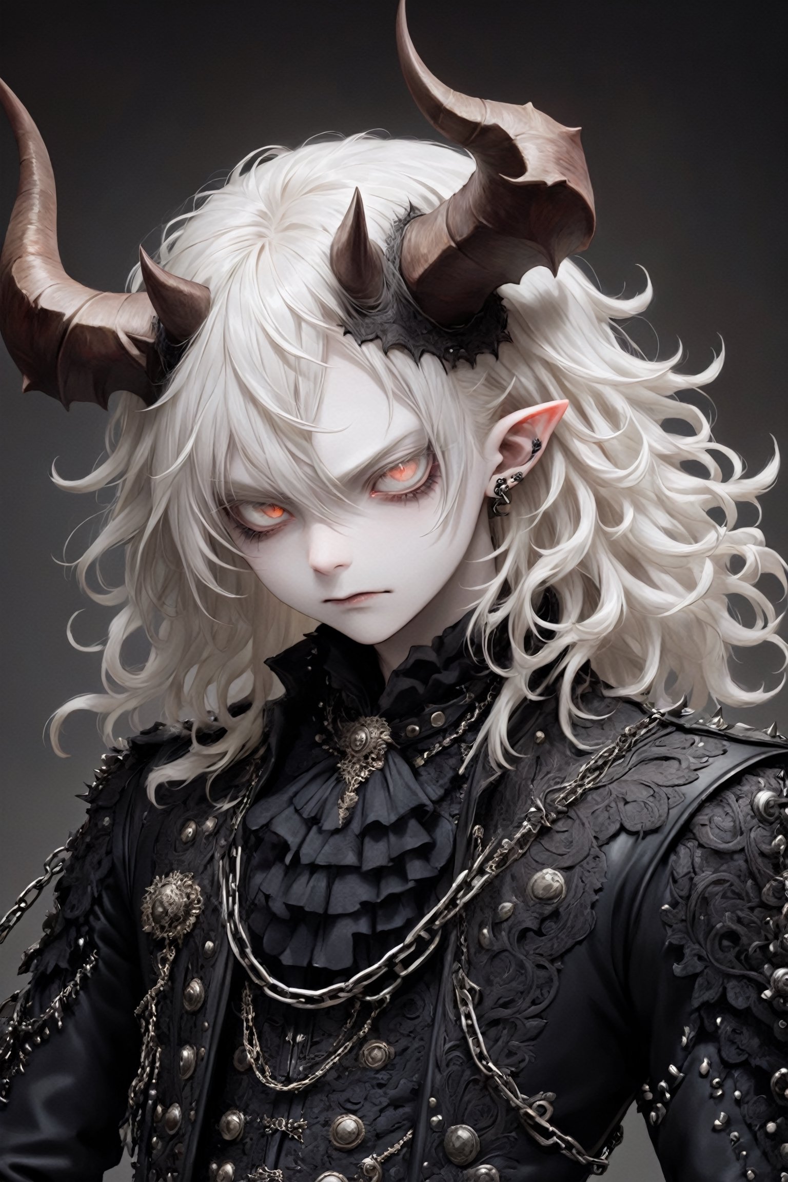 Japanese anime,(Masterpiece), Albino devil boy,((boy)),(long intricate horns:1.2),intricate iris detailing, Dressed in a seductive blend of baroque and punk fashion styles, her attire is reminiscent of baroque-era royalty, with intricate lace, frills and embellishment. The garments feature ornate baroque-inspired garments with intricate lace, frills and embellishments, however, the traditional elements are juxtaposed with edgy punk accents such as leather straps, spikes and chains, adding a rebellious, contemporary twist to his ensembles,
,cic. ,dal