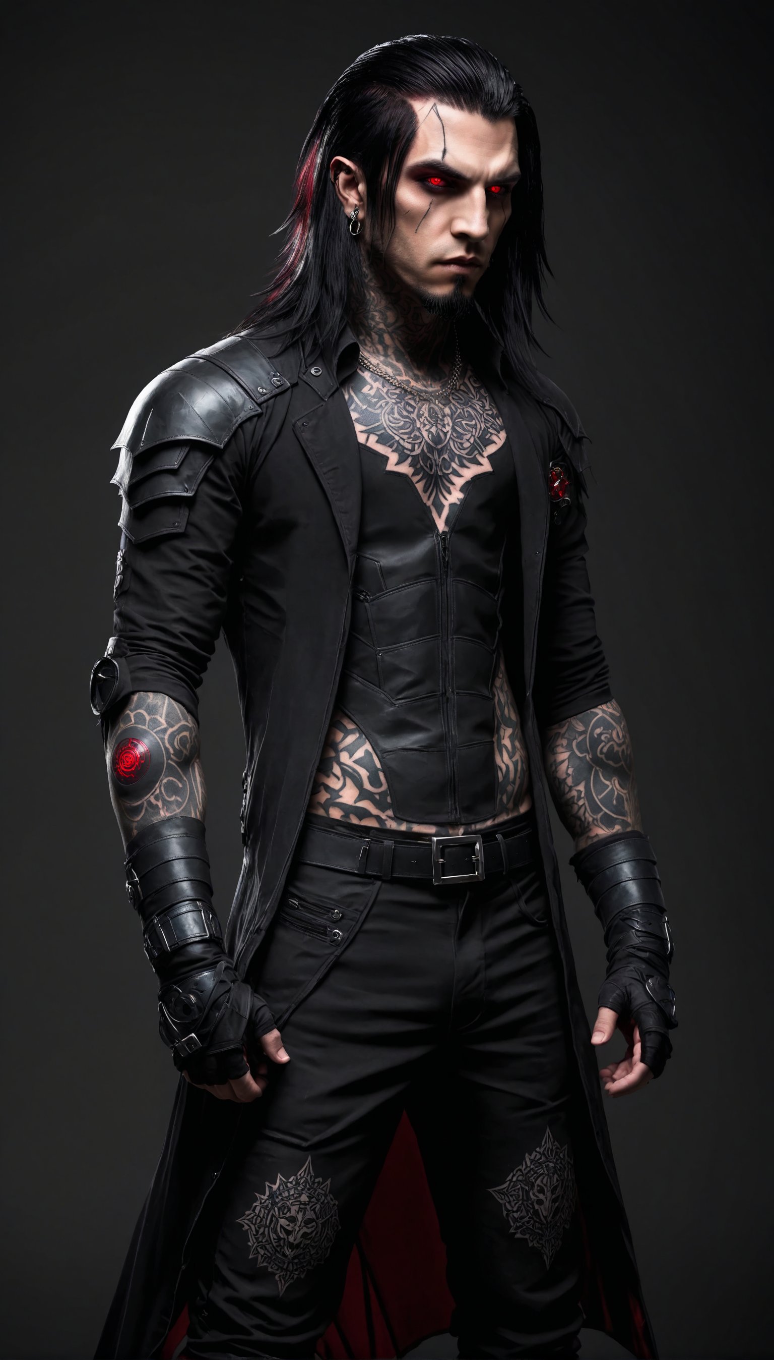 Antagonist Design,1 man,badass man,
Ronnie Radke,
long hair,((tattoo on forehead:1.2)),Full body,
A vampire with a beautiful and cool design, ominous red eyes, sickly fair skin, and sharp black armor.,zavy-cbrpn,Watch the World Burn,

