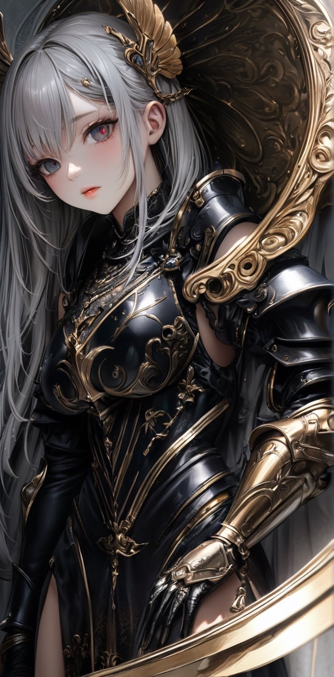 ultra Realistic,Extreme detailed,
1 girl, (masterful),albino drow angel girl, slit pupil eyes, 
Wearing Medieval black Knight Armor,Gold carved full plate Armor,
 best quality, highest quality, extremely detailed CG unity 8k wallpaper, ,cutegirlmix