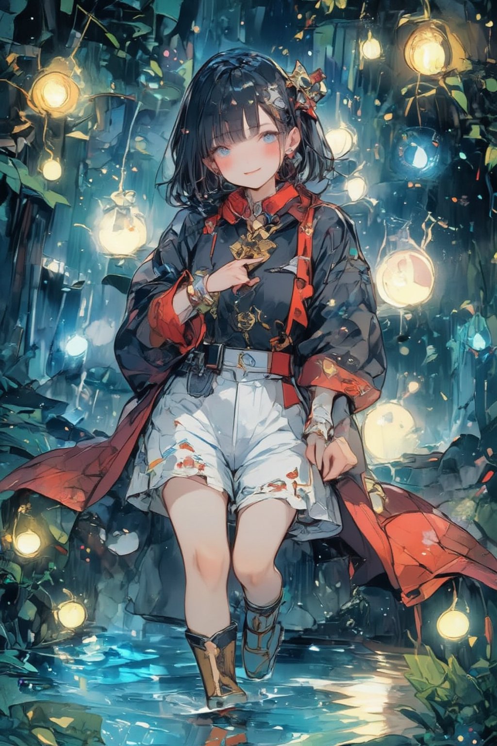 1girl,Anime-style illustration of a cheerful young alchemist girl, short black hair with ahoge, blue eyes and a bright smile. Tribal face paint: delicate white swirls around eyes and cheeks. Outfit: white shorts, black and gold jacket, red arm wraps, magical items floating around: glowing potion bottles, small creatures, Accessories: star-shaped hair clip, unique high-heeled boots (blue, gold, red), Pose: facing the viewer, Color palette: black, white, gold, red, blue accents. Style: clean lines, vibrant colors, details. Background: beautiful waterfall pool. lush greenery, sparkling water, misty air. Lighting: soft, magical light emanates from both the character and the waterfall. Mood: fun, mysterious, adventurous. Key details: smoke coming from the potion, floating stars, intricate design on the clothing. Overall: a charming blend of magic, science and nature in an energetic character design. ,dal,Fantasy Girl,dal,fantasy girl,Flat Anime Niji Style