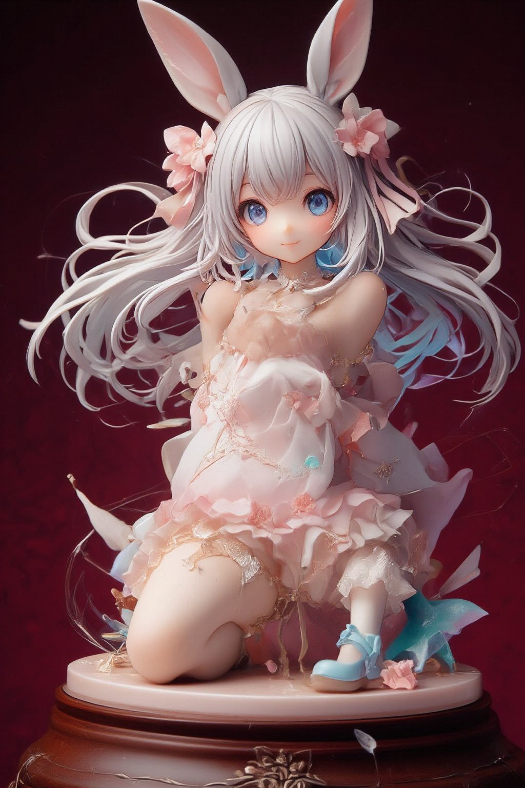 anime figure, white-haired girl with bunny ears, sitting pose, long flowing hair, blue eyes, pale skin, light pink bodysuit, delicate frills and ribbons, cute expression,
circular reflective base, deep red background, studio lighting, high detail PVC sculpture, 1/7 scale, professional product photography, soft shadows, glossy finish, intricate hair strands, subtle pastel colors, contrast with dark background, collectible aesthetic, kawaii style, dynamic composition, 8K resolution, focus on fine details,lyh,dal,create figure 2