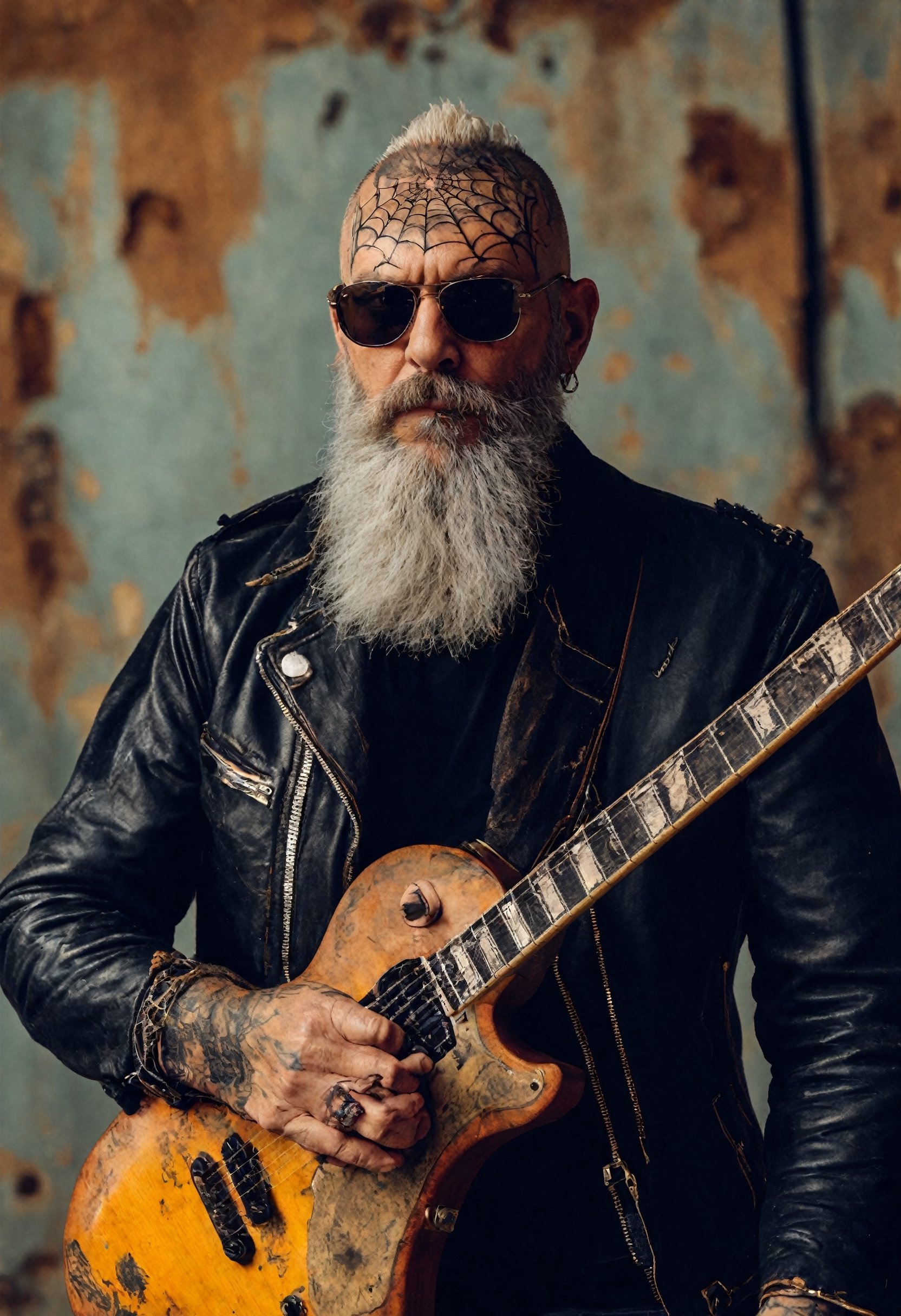 Ultra-realistic photo, Tim Armstrong,((real punk rock artist)), middle-aged man, 60 years old, (skin head:1.5), (spider web tattoo on head:1.4), Ray-Ban sunglasses, (very long beard), old worn leather jacket, black shirt, rebellious attitude, faded wooden guitar, beard,Extremely Realistic,FuturEvoLabTattoo