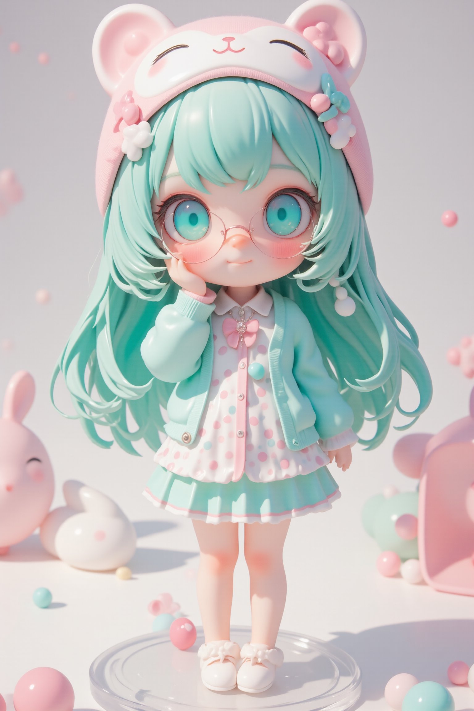 Cute anime-style chibi figurine of a girl with long, flowing turquoise hair. Large expressive blue eyes behind pink round glasses. Wearing a white polka-dot dress with pink and blue dots, pink trim, and a teal underskirt. Teal cardigan sweater. White and pink animal-shaped sleep mask on her head with closed eyes, small bone decoration, and blue bow. Pink bow in her hair. Pink cherry-shaped pendant necklace. White bunny-shaped slippers. Posing with one hand raised near her face. Cheerful expression. Highly detailed plastic figurine on a clear stand. Soft, pastel color palette. Professional product photography lighting and setup.,lyh,dal,create figure 2