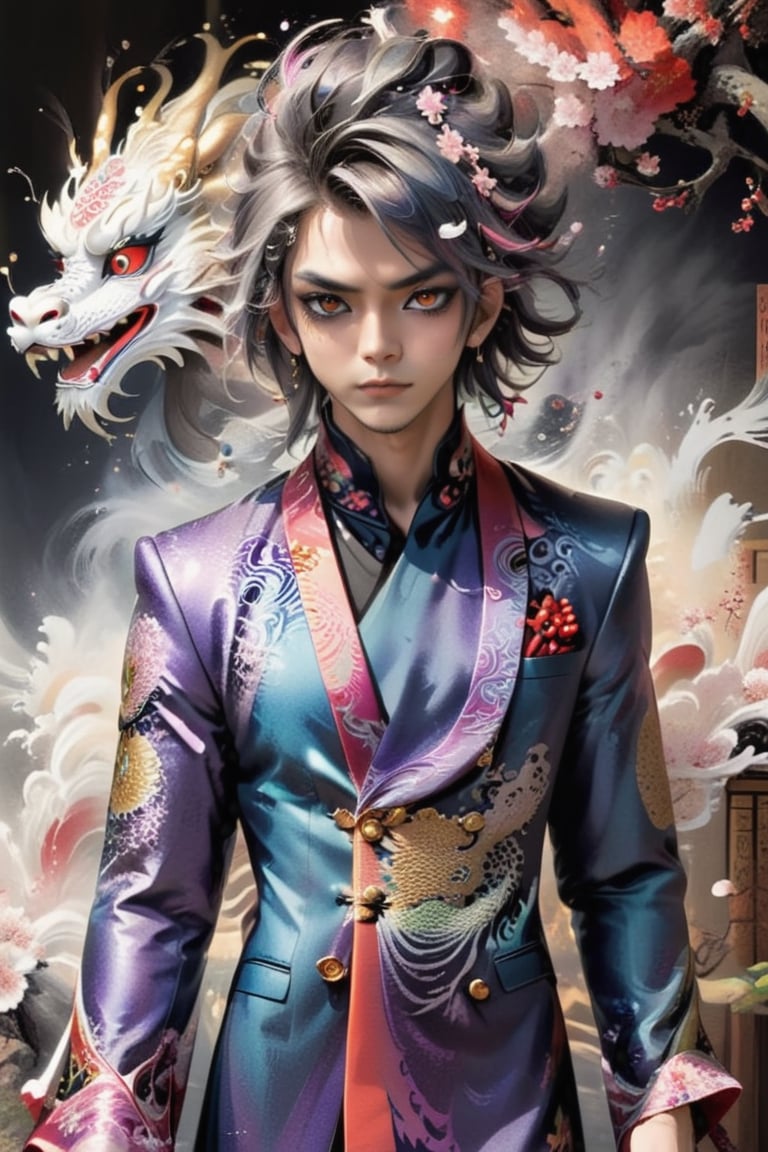 visually striking male figure, in a luxurious double-breasted frock coat with a Japanese twist,Envision the coat crafted from sumptuous silk brocade, featuring intricate patterns inspired by traditional Japanese motifs such as cherry blossoms, dragons, or waves,

The man's hair is styled in a flamboyant manner, with streaks of vibrant color and elaborate hair accessories reminiscent of visual kei fashion. His makeup is dramatic, with smoky eyes and bold lip color, enhancing his enigmatic allure,Around his neck, envision a statement necklace crafted from lacquered wood or adorned with ornate kabuki masks, further accentuating the fusion of Japanese and visual-kei,abmhandsomeguy,hyper real extra effect add ,real_booster