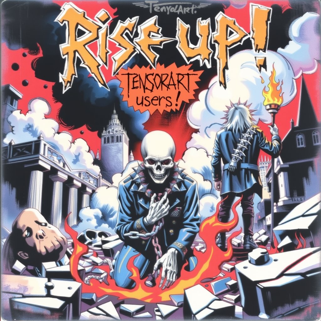 album jacket art,A string of characters drawn in rebellious, sharp letters text: ``Rise up！ TENSORART users.！',
chaotic, post-apocalyptic scene set in a burning city, where punk figures stand amidst the ruins. The foreground features a skeletal figure kneeling in chains, with a spiked collar around its neck, holding prayer beads and surrounded by red flames. Behind it, a long-haired punk wearing a jacket with a defiant pose, Another punk stands with his back turned, holding a burning torch, with spikes on his jacket, The background is filled with crumbling buildings, thick clouds of smoke, and an intense red sky, all drawn in a dark, gritty, hand-drawn style.",dal,graffiStyle,jntsmoscuro