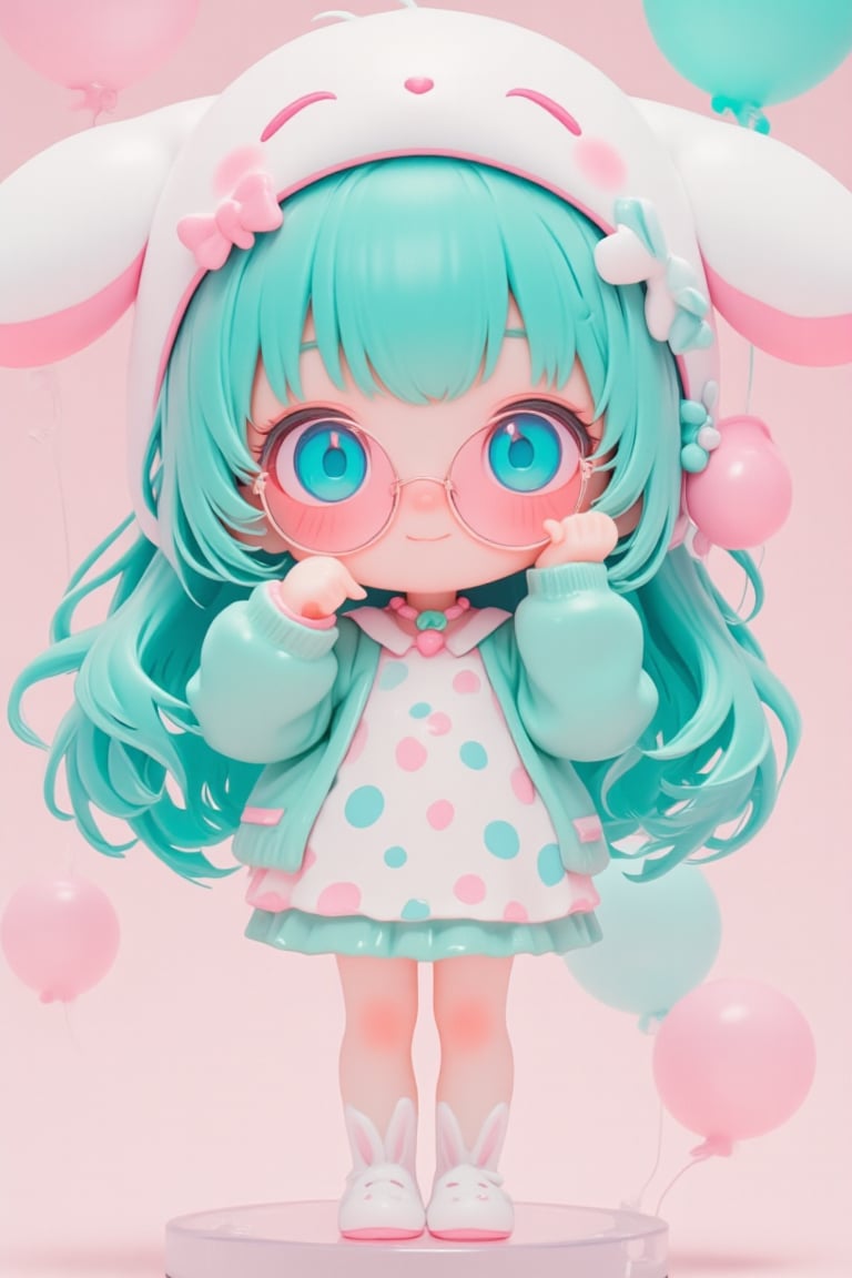 Cute anime-style chibi figurine of a girl with long, flowing turquoise hair. Large expressive blue eyes behind pink round glasses. Wearing a white polka-dot dress with pink and blue dots, pink trim, and a teal underskirt. Teal cardigan sweater. White and pink animal-shaped sleep mask on her head with closed eyes, small bone decoration, and blue bow. Pink bow in her hair. Pink cherry-shaped pendant necklace. White bunny-shaped slippers. Posing with one hand raised near her face. Cheerful expression. Highly detailed plastic figurine on a clear stand. Soft, pastel color palette. Professional product photography lighting and setup.,lyh,dal