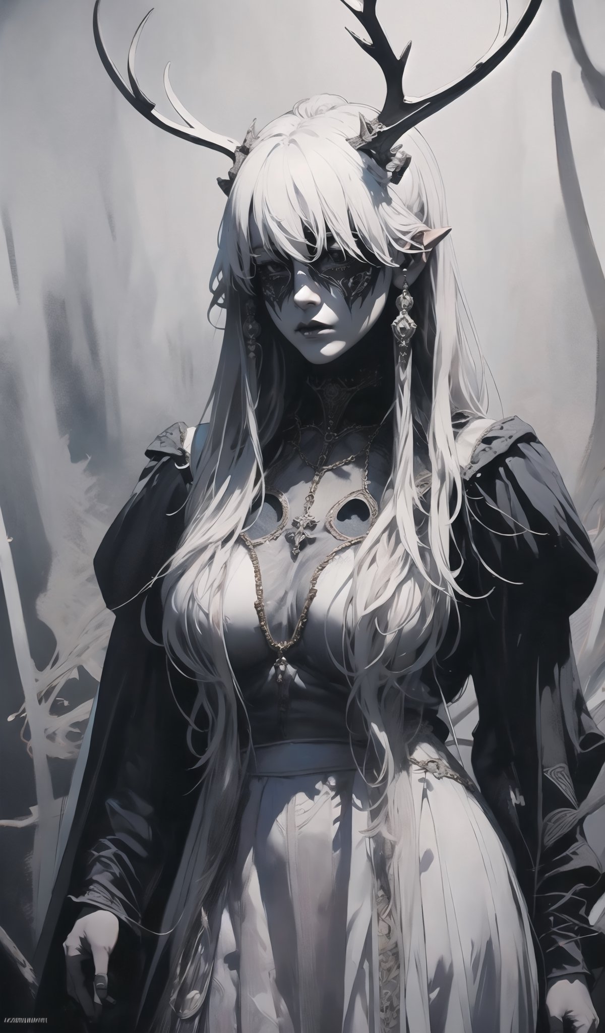 azurlane,1girl,albino demon little queen, (long intricate horns), a sister clad in gothic punk attire, face concealed behind a striking masquerade mask,themed,white_aesthetics,photorealistic,Masterpiece,Realistic,dark fantasy,intricate printing pattern ,nodf_lora,Colorful Binary Code Energy