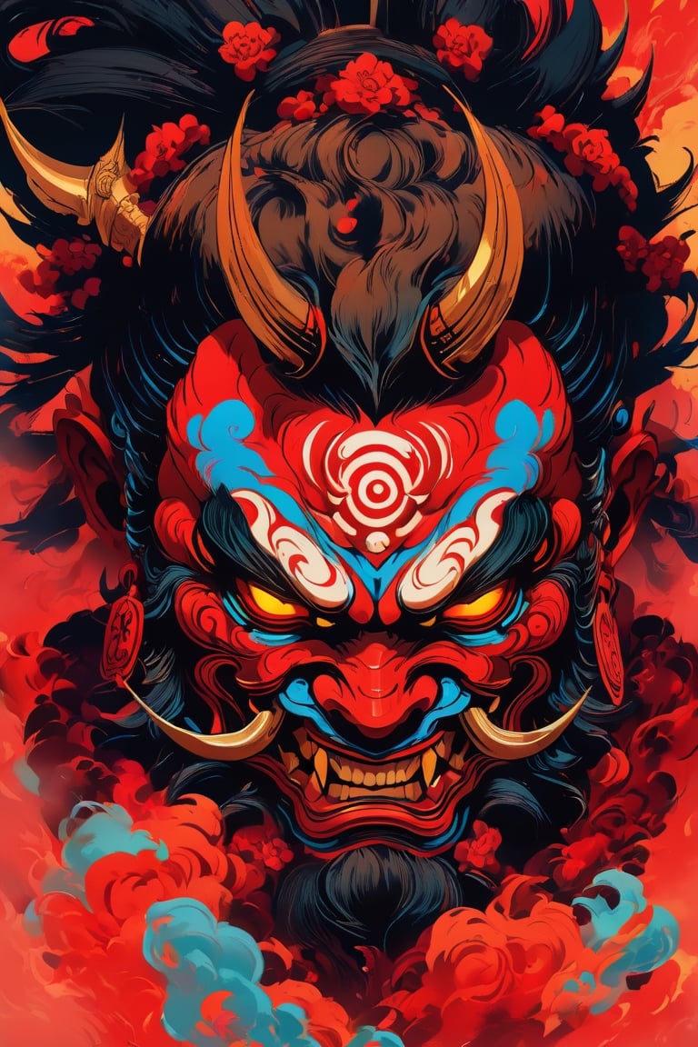  a nightmarish appearance of the evil ((mask) ), Japanese Oni culture , portrait view, highly detailed, 8k, Hyperrealistic, splash art, concept art, mid shot, intricately detailed, color depth, dramatic, 2/3 face angle, side light, colorful background,LegendDarkFantasy,oni style