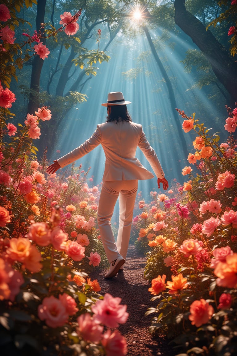 Michael Jackson, dressed in a crisp white suit, complete with his iconic fedora, is mid-dance in a vibrant, otherworldly landscape. Surrounding him are countless exotic, glowing flowers of every imaginable color, their petals stretching toward the sky. The air is filled with sparkling pollen and soft, ethereal light, giving the scene a dreamlike quality,

 Michael strikes a classic dance pose, dancing with their backs shown,
one leg bent arms outstretched, as his white suit contrasts with the colorful, fantastical flora. The scene feels magical and surreal, blending his iconic style with the beauty of a mystical, blooming world.,MJBAD87,plain87,subway87,white outfit,MJ2007,fantasy,sunrise,nature,forest