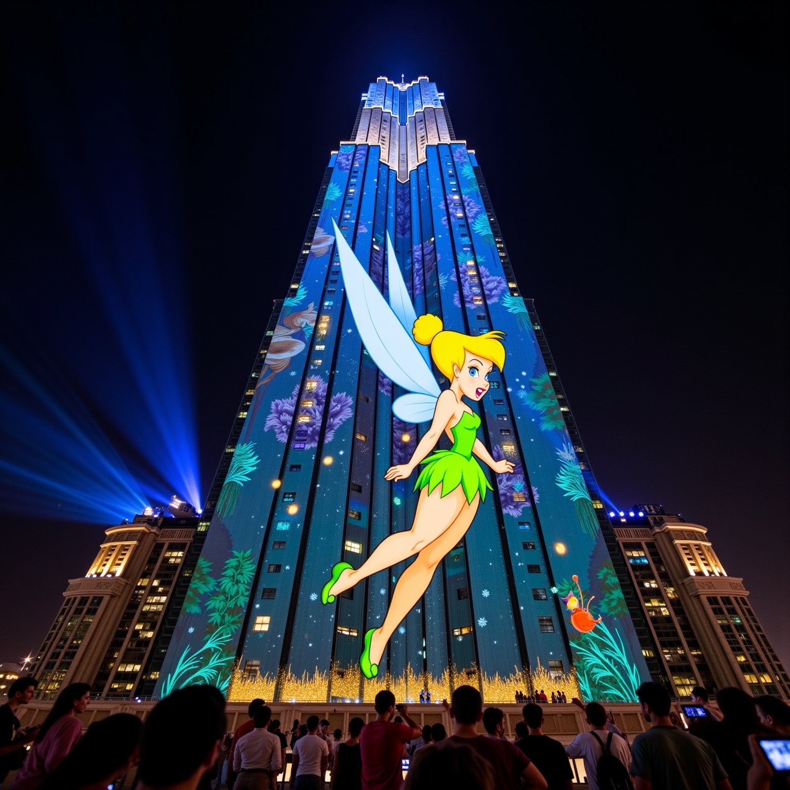 Colossal concrete skyscraper at night, its entire 100-story facade transformed by cutting-edge projection mapping. Animated Tinkerbell, 50 feet tall, pirouetting gracefully across the building's surface. Her gossamer wings span 30 feet, shimmering with iridescent blues and purples. Golden pixie dust trails behind her, creating intricate, swirling patterns that morph into blooming flowers and fluttering butterflies. Tinkerbell's blonde hair flows as she dances, her green dress sparkling.
The projected background shifts from an enchanted forest with towering trees and glowing mushrooms to an underwater scene with shimmering fish and coral. Twinkling stars and a crescent moon adorn the upper floors. Building's windows appear as firefly-lit lanterns or glowing fairy houses.
Ground-level spectators point up in awe, their faces illuminated by the display. Children on parents' shoulders reach out as if to catch falling pixie dust. High-powered projectors visible on nearby rooftops, beams of light cutting through the night air.
Surrounding city lights dimmed in comparison to the dazzling display. Occasional lens flares and light beams add photorealistic quality. Building's edges softened by the projection, creating an illusion of a magical floating structure in the urban landscape.,TinkerWaifu,blue eyes