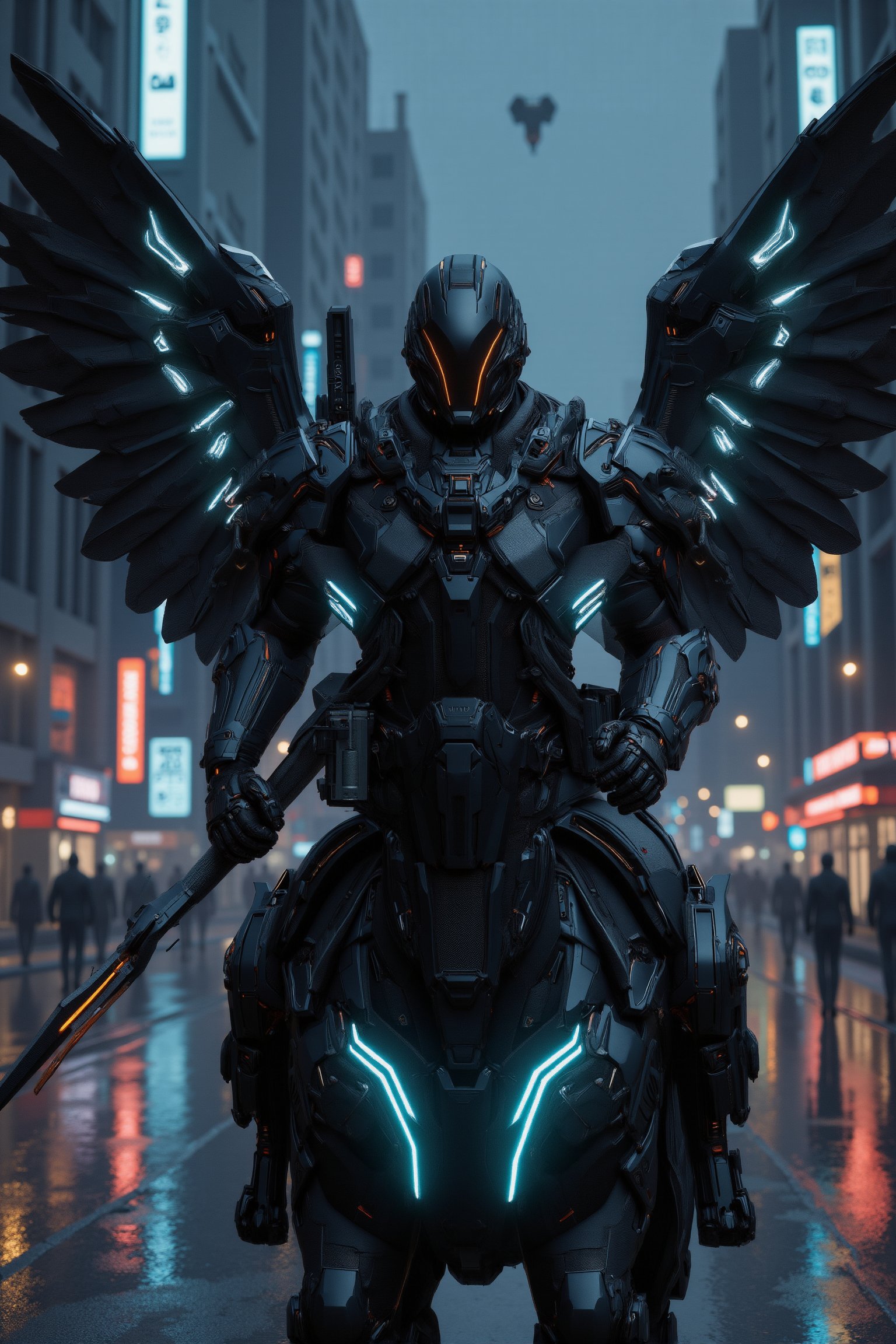 Cyberpunk-style knight on a cyborg horse, digital art. Sleek black cyber-suit with glowing neon blue accents. Imposing black helmet with tinted visor, displaying holographic HUD. Mechanical wings on the back, folded, made of black carbon fiber with exposed circuitry. The cyborg horse is a fusion of organic and mechanical parts, with visible hydraulics and armor plating. Neon lights trace the horse's muscular structure. The knight wields an energy lance, crackling with electricity. Urban night backdrop with towering skyscrapers and flying vehicles. Rain-slicked streets reflect neon signs. Atmosphere is gritty and high-tech. Hyperdetailed textures on the armor and horse's cybernetic parts. Color palette dominated by blacks, silvers, and electric blues. Dynamic pose, suggesting movement and power. Lighting emphasizes the contrast between shadow and neon glow.,Angelic Knight,F-GVA Armour Suit