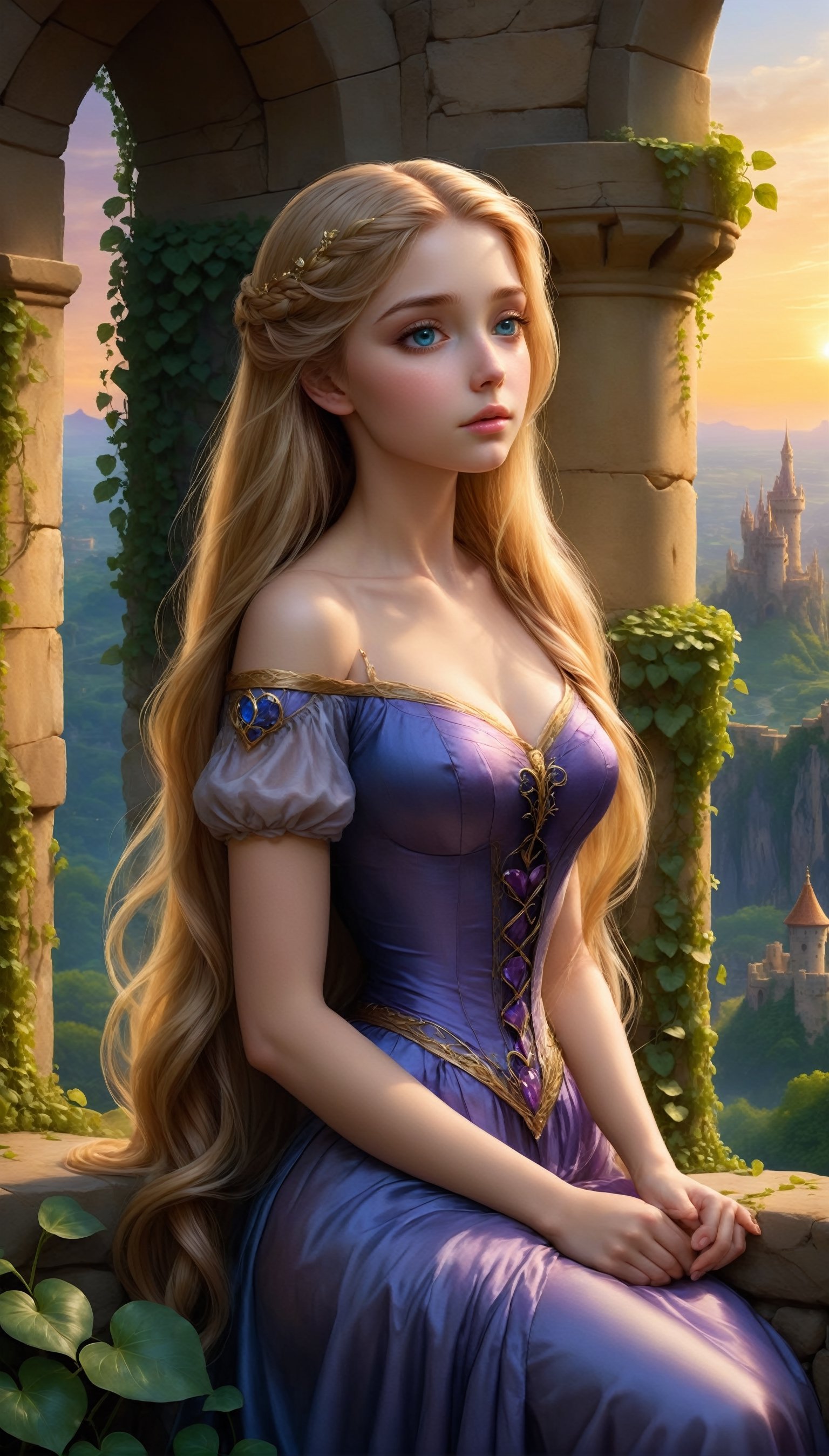 1Girl,Rapunzel,
The tower stands tall, its stone walls adorned with ivy creeping upwards, embracing the structure with nature's embrace. At the tower's peak, a single window casts a warm glow against the twilight sky, offering a glimpse into the sanctuary within. There, Rapunzel, with flowing golden locks, leans out, her face illuminated by the soft light. Her eyes, like sapphires, sparkle with a sense of longing, her delicate hands reaching out towards the world beyond.,photo_b00ster