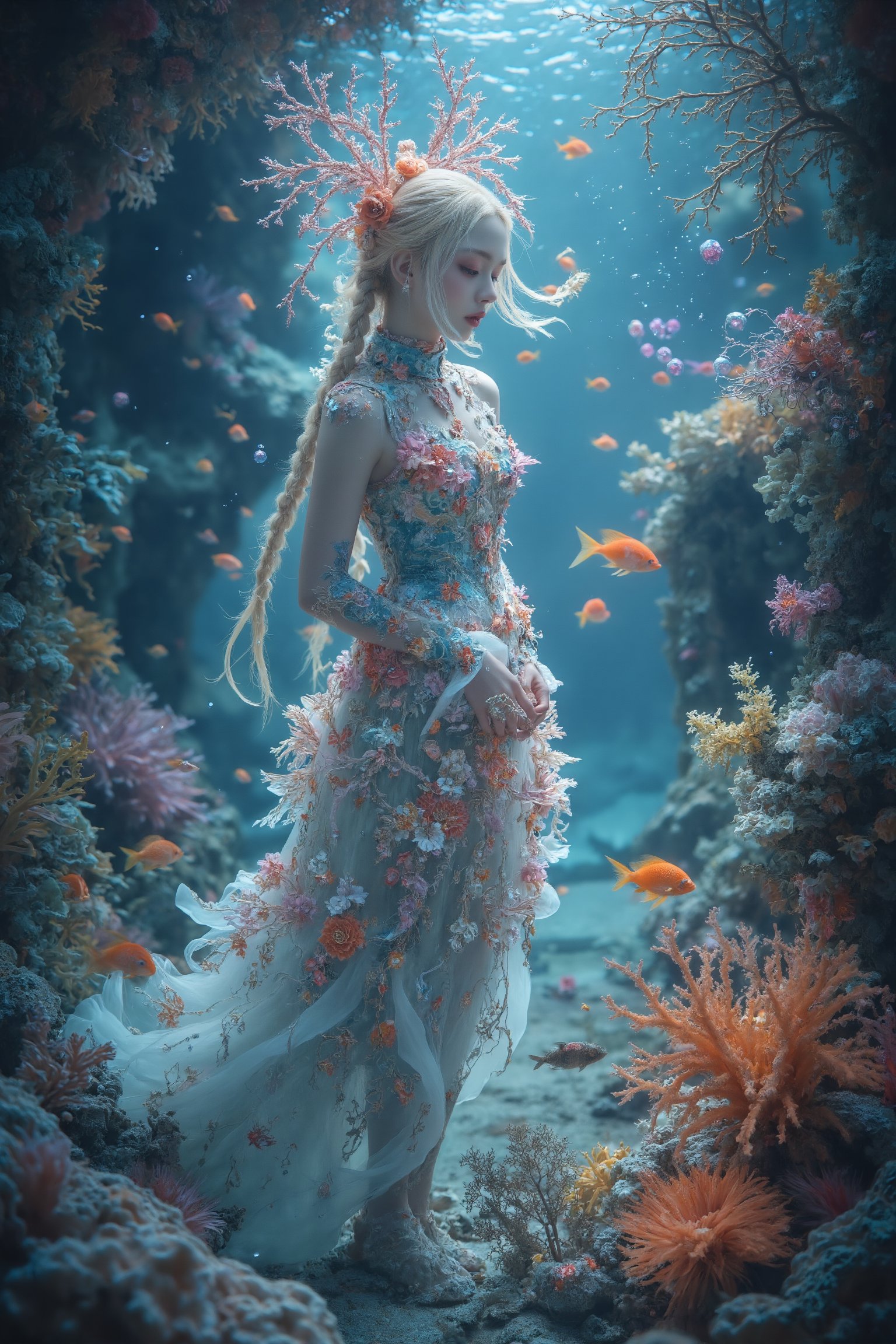 1 girl,Ethereal Nordic woman in a coral-inspired gown,digital painting, 8K resolution. She has long blonde hair in an intricate braid, her hair adorned with long coral branches, pale skin, icy blue eyes, delicate features. She wears an elaborate dress made of living coral, with branching structures and polyps painted in shades of pink, orange, and white. The dress flows and moves as if she were underwater. Bioluminescent accents on the gown gently pulse. She stands in a magical underwater cave, surrounded by vibrant sea flowers resembling anemones and soft corals. The cave walls sparkle with pearlescent irises. A school of colorful fish swims in the background. Threads of bubbles float around her. Soft, diffused blue lighting, with harsh light beams.,lyh,Midjourney_Whisper