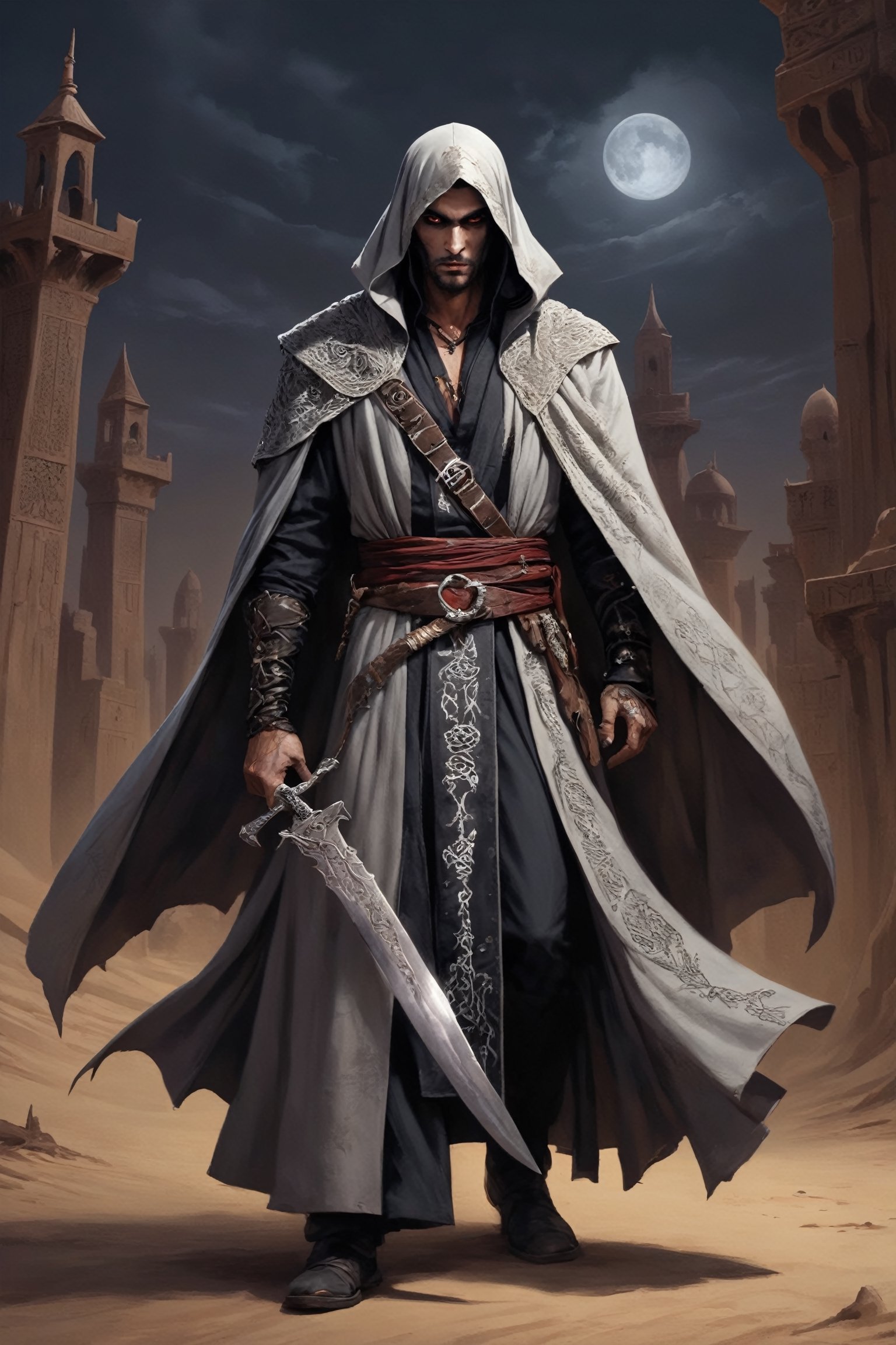 Middle Eastern-inspired vampire hunter, in the vein of Van Helsing, exuding an air of mystery and danger. Picture him clad in intricately embroidered robes, adorned with symbols of protection against the undead. His face obscured by a traditional keffiyeh, revealing only steely determination in his eyes. In one hand, he wields a curved scimitar, while the other holds a gleaming silver dagger, both engraved with ancient runes for banishing vampires. Behind him, the dusky skyline of a desert city looms, adding to the atmosphere of suspense and intrigue. Capture the essence of this enigmatic figure as he prowls the shadows, ready to confront the supernatural threats that lurk in the night."