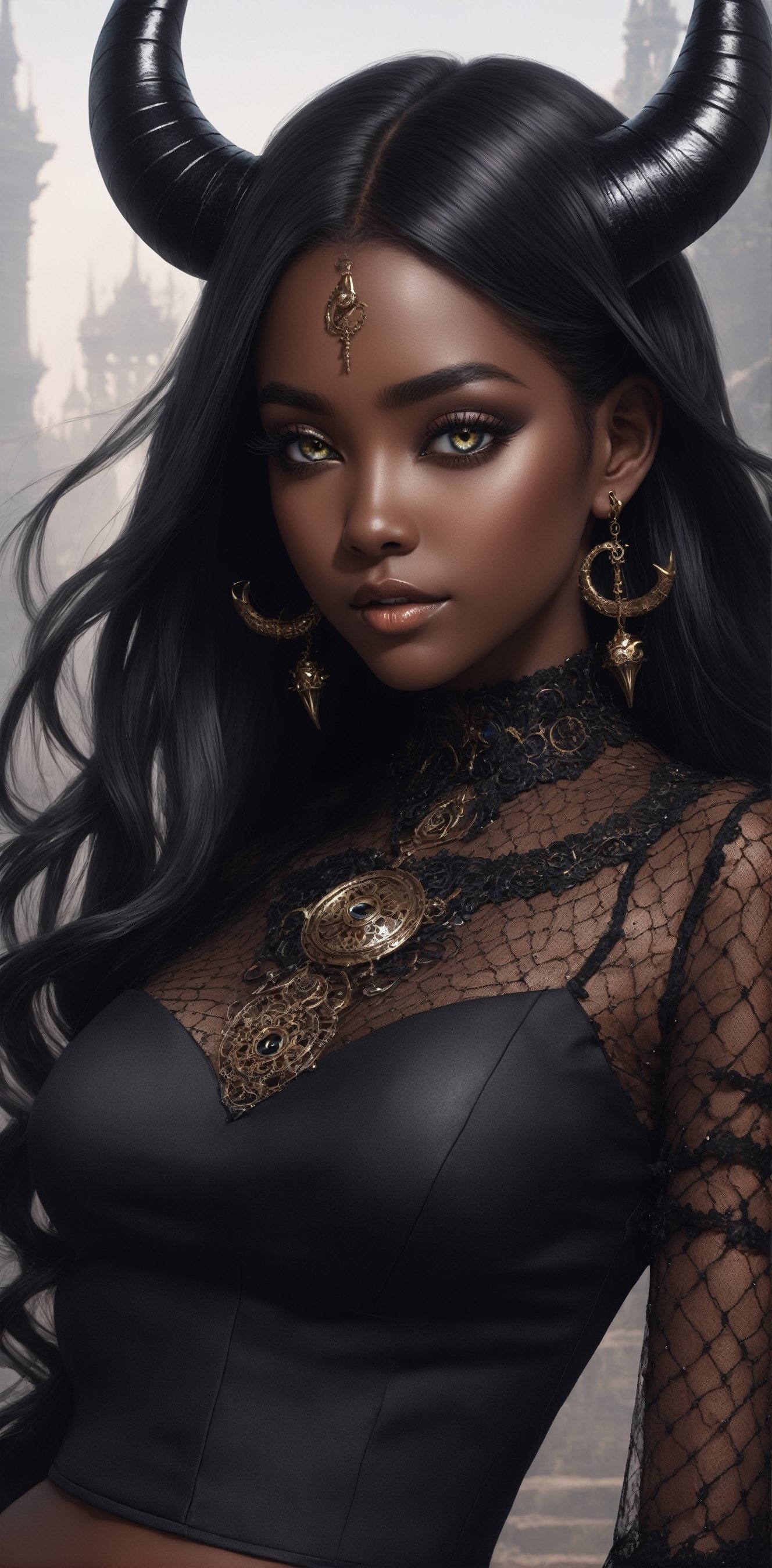 1 girl, (melanism), melanism demon girl,((slit pupil eyes)),solid black skin,
mesh fishnet blouse, (long intricate horns:1.2),Incredibly beautiful looks,
best quality, highest quality, extremely detailed CG unity 8k wallpaper, detailed and intricate, 
,steampunk style,Glass Elements