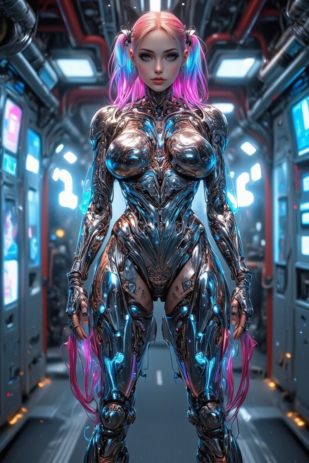 A sleek female cyborg with a mirror-polished chrome body, reflecting its surroundings. Feminine curves accentuate its robotic form. Vibrant, multicolored cables extend from its head like hair, flowing in various directions. Intricate, glowing blue-white tattoos cover the cyborg's metallic skin,tattoos body,creating complex patterns and circuitry designs. The tattoos pulse with a soft, ethereal light. The cyborg stands in a futuristic laboratory setting, surrounded by holographic displays and advanced technology. Its eyes emit a gentle, intelligent glow. Hyperrealistic details, 8K resolution, ray tracing, cinematic lighting.,\mechako\,cyborg_master, QTGIRLREAL,REALNIME