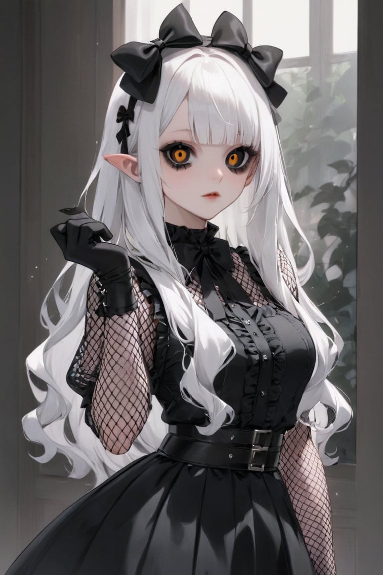 Shoujo manga style,1girl,ultra cute, Harajuku Style grunge fashion with kawaii and Lolita themes, albino demon girl,(pure white long hair),(black sclera;1.2),luxury mesh fishnet blouse,dal-1,ct-niji2,black hands