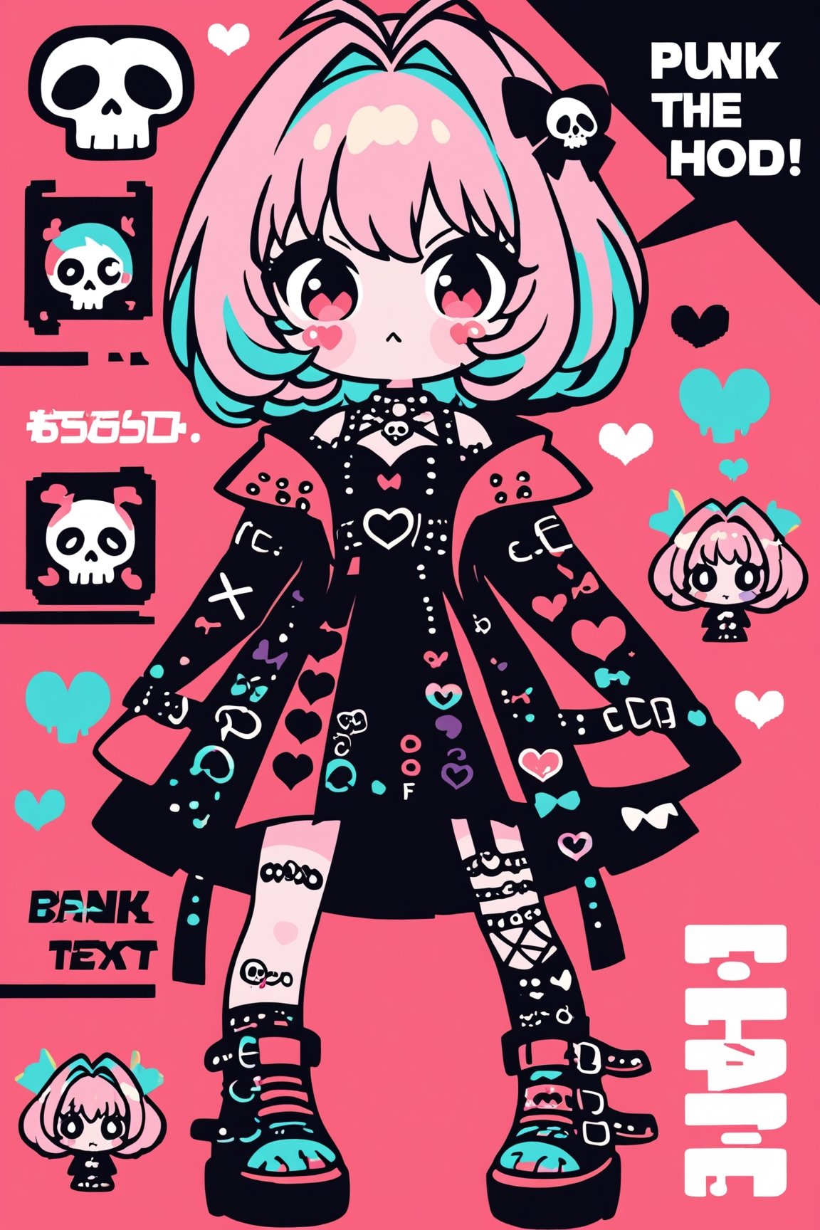 solo,cute Little girl,yumemi riamu,Little Red Riding Hood in a fusion of Japanese-inspired Gothic punk fashion,Red Hood, kimono-inspired gown with Gothic accessories, punk-inspired details,Emphasize the unique synthesis of styles, 
brake
(the text "反抗"),("Punk" text), heart \(symbol\),  Skull\(symbol\), 
pastel goth,dal,colorful,chibi emote style,artint,dal-6 style,sticker