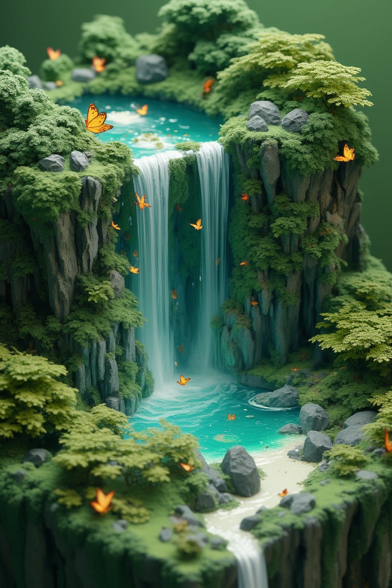 Isometric style, beautiful magical forest diorama,. Multilayer 3D cube structure with a width of 30cm,
A huge amount of water falls from a gigantic and beautiful mysterious waterfall, a beautiful rainbow appears around the waterfall, and miniature golden butterflies decorate the surrounding area.
Overall greenish color scheme. Highly detailed, 8K resolution, tilt-shift effects. Photorealistic miniature art style.,noc-isometric,EdwardH0pp3r