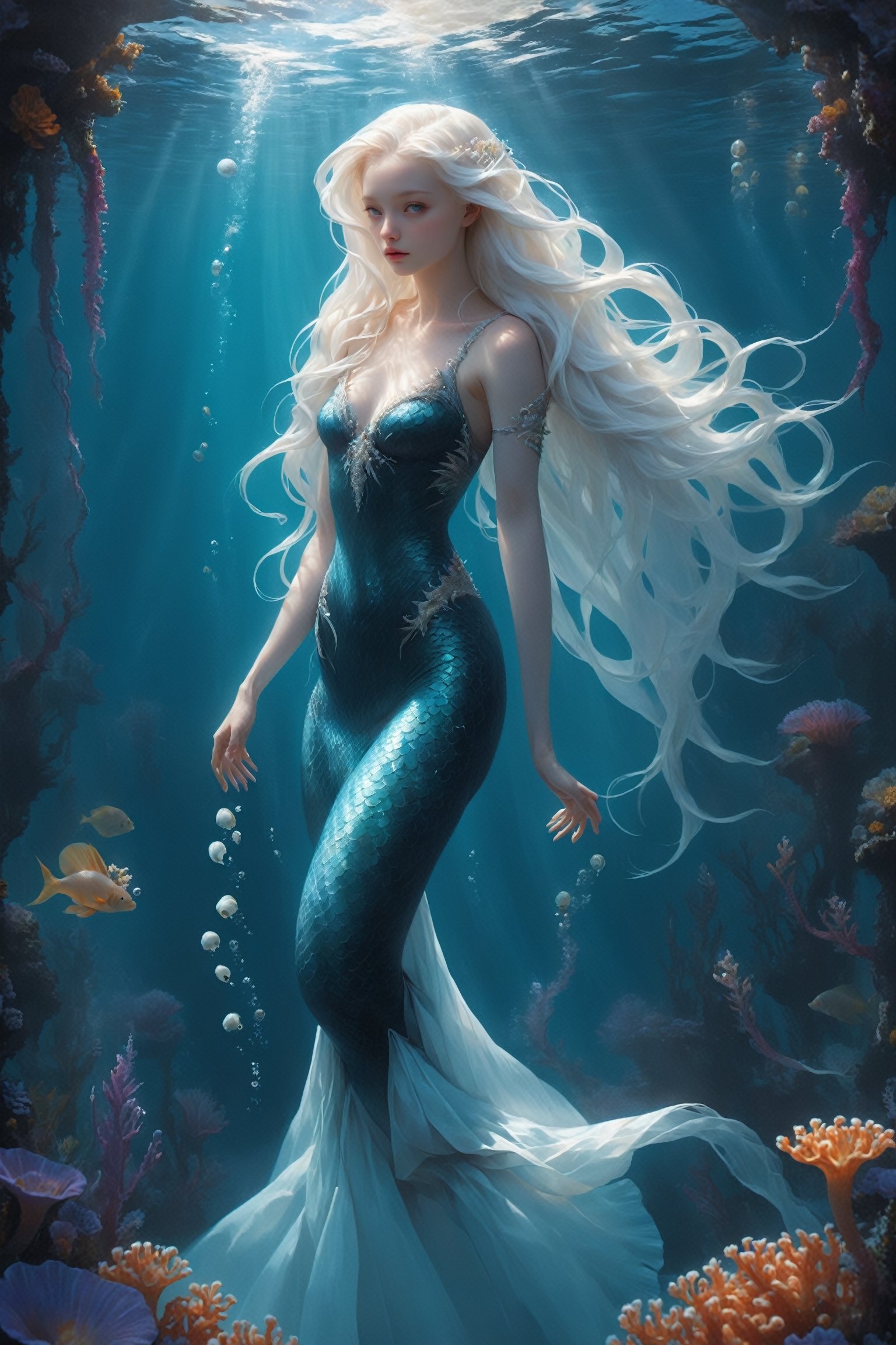 1 girl,In the depths of the ocean, a delicate and ethereal albino mermaid glides gracefully through the azure waters. Her translucent fins shimmer with iridescence as she navigates through a forest of sea anemones, their vibrant tentacles swaying like blossoms in the gentle current. Despite her otherworldly beauty, there's a sense of melancholy about her, as if she's forever searching for something just beyond her reach in the endless expanse of the sea.,underwater,ct-niji2