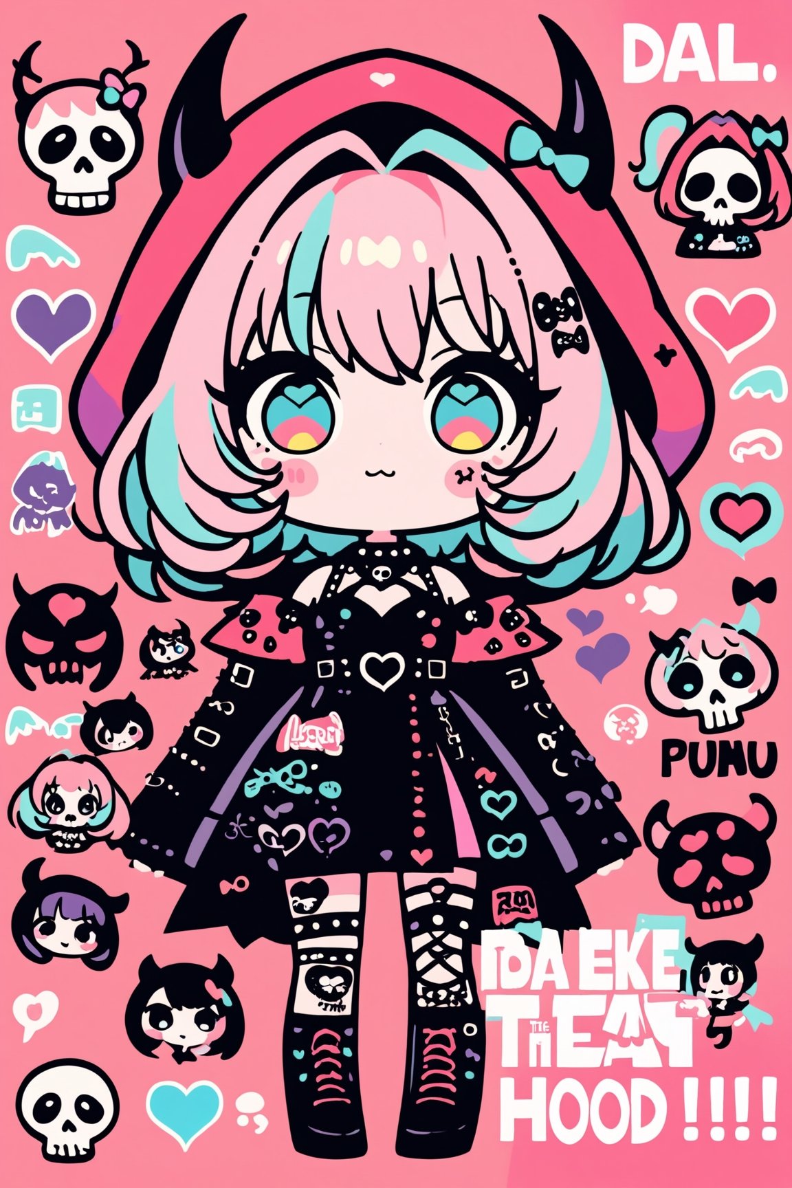 solo,cute Little girl,yumemi riamu,Little Red Riding Hood in a fusion of Japanese-inspired Gothic punk fashion,Red Hood, kimono-inspired gown with Gothic accessories, punk-inspired details,Emphasize the unique synthesis of styles, 
brake
(the text "反抗"),("Punk" text), heart \(symbol\),  Skull\(symbol\), 
pastel goth,dal,colorful,chibi emote style,artint,dal-6 style,sticker