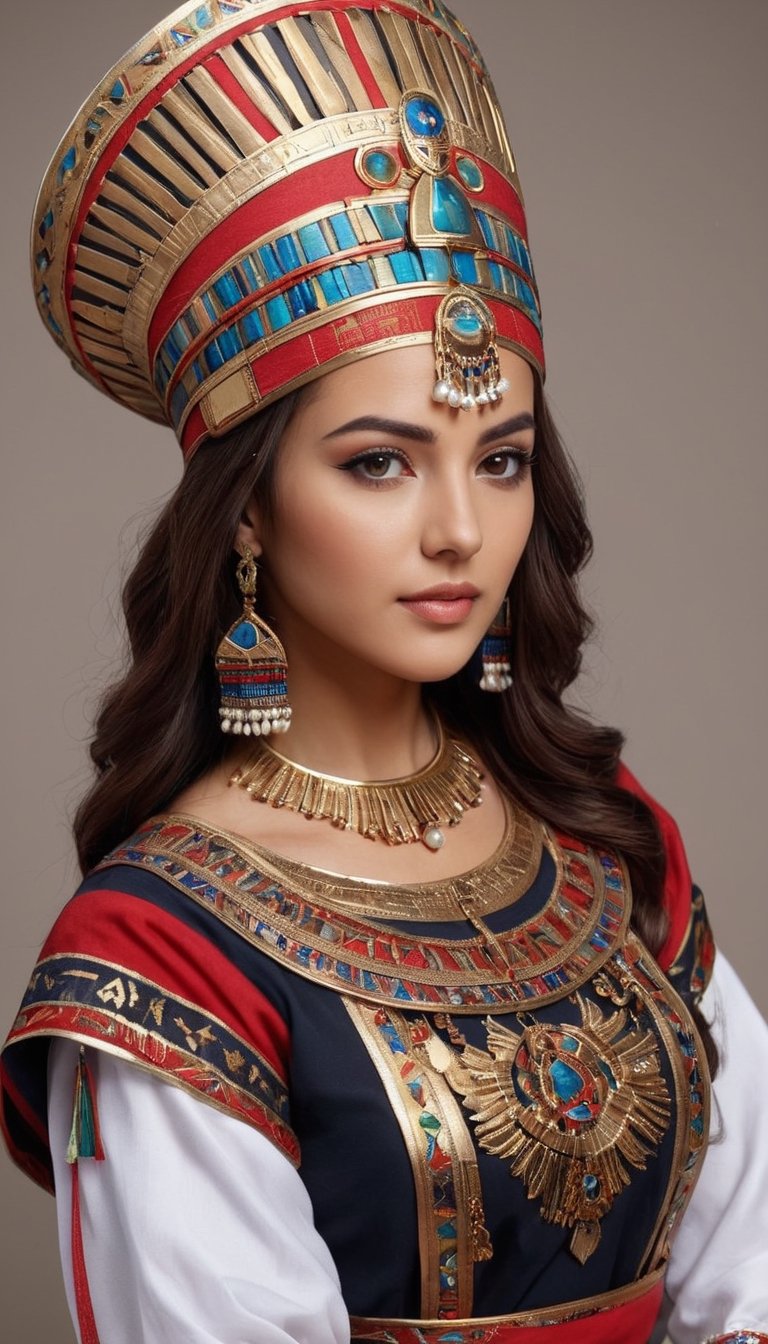 beautiful woman wearing the Bulgarian folk costume 'Nociya,' creatively arranged with an Egyptian twist, Envision the fusion of Bulgarian and Egyptian elements, incorporating traditional patterns and embellishments from both cultures. Picture the woman in the intricately designed 'Nociya' attire, adorned with Egyptian-inspired accessories, creating a harmonious blend of cultural aesthetics,」Ensure a visually stunning Bulgarian folk costume with  Egyptian,EgyptPunkAI