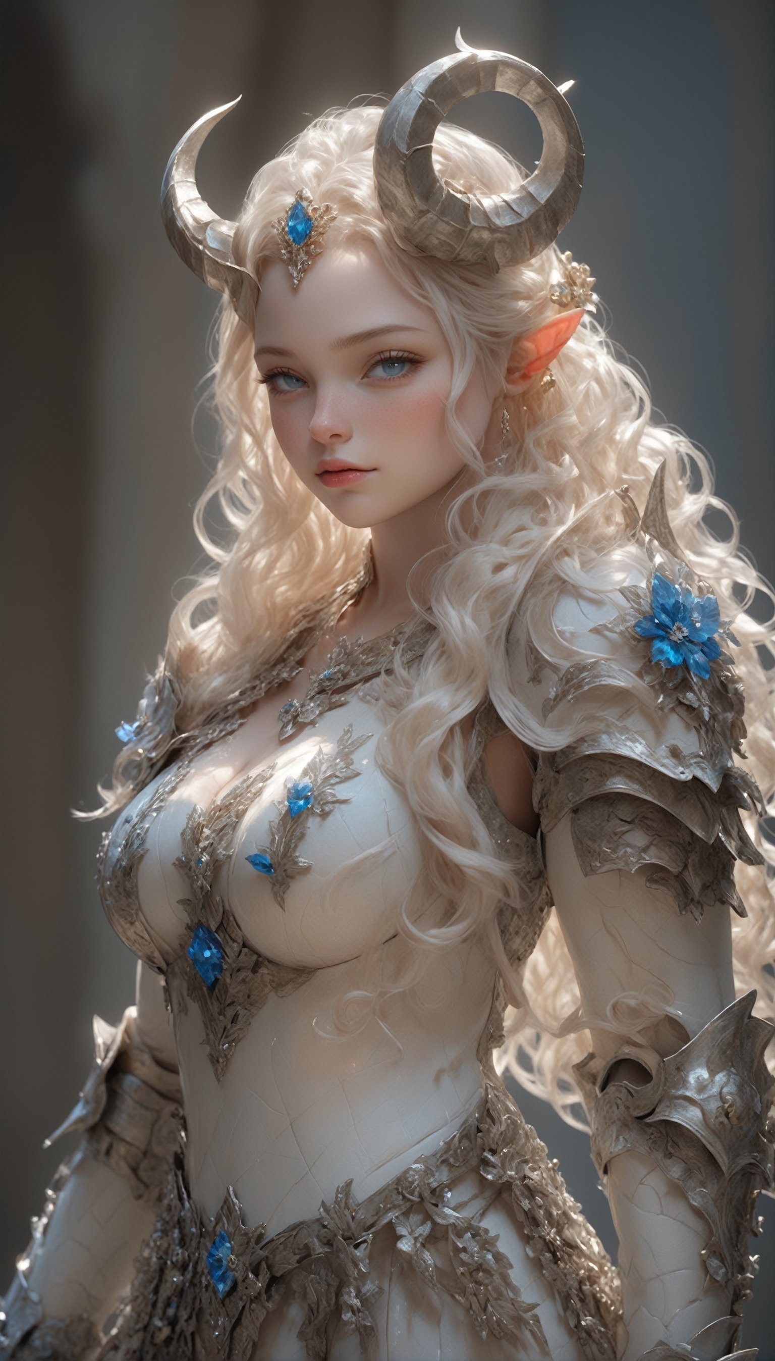 ,1 girl,Albino Goddess of Light, girl,(long intricate horns:1.2),
Knight Princess,
silver crown,Knight Armor, Beautiful Blue eyes,, curvy body line,curvy body line,aw0k,dfdd,2d_animated,Utra,Crystal game props,Flower queen,ct-niji2,knight