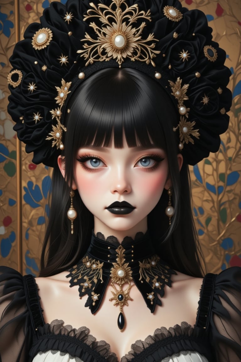 Elegant Gothic Lolita girl wearing Russian kokoshnik headdress. Glamorous black velvet base with intricate gold embroidery and pearl accents. Delicate lace trim, Gothic makeup, pale skin, dark lips. Black and white dress with ruffled puff sleeves. Glamorous background with Russian folk art motifs. Studio lighting, high definition fashion photography style. , Made by FluxGothicRealnime, adrr-zllj