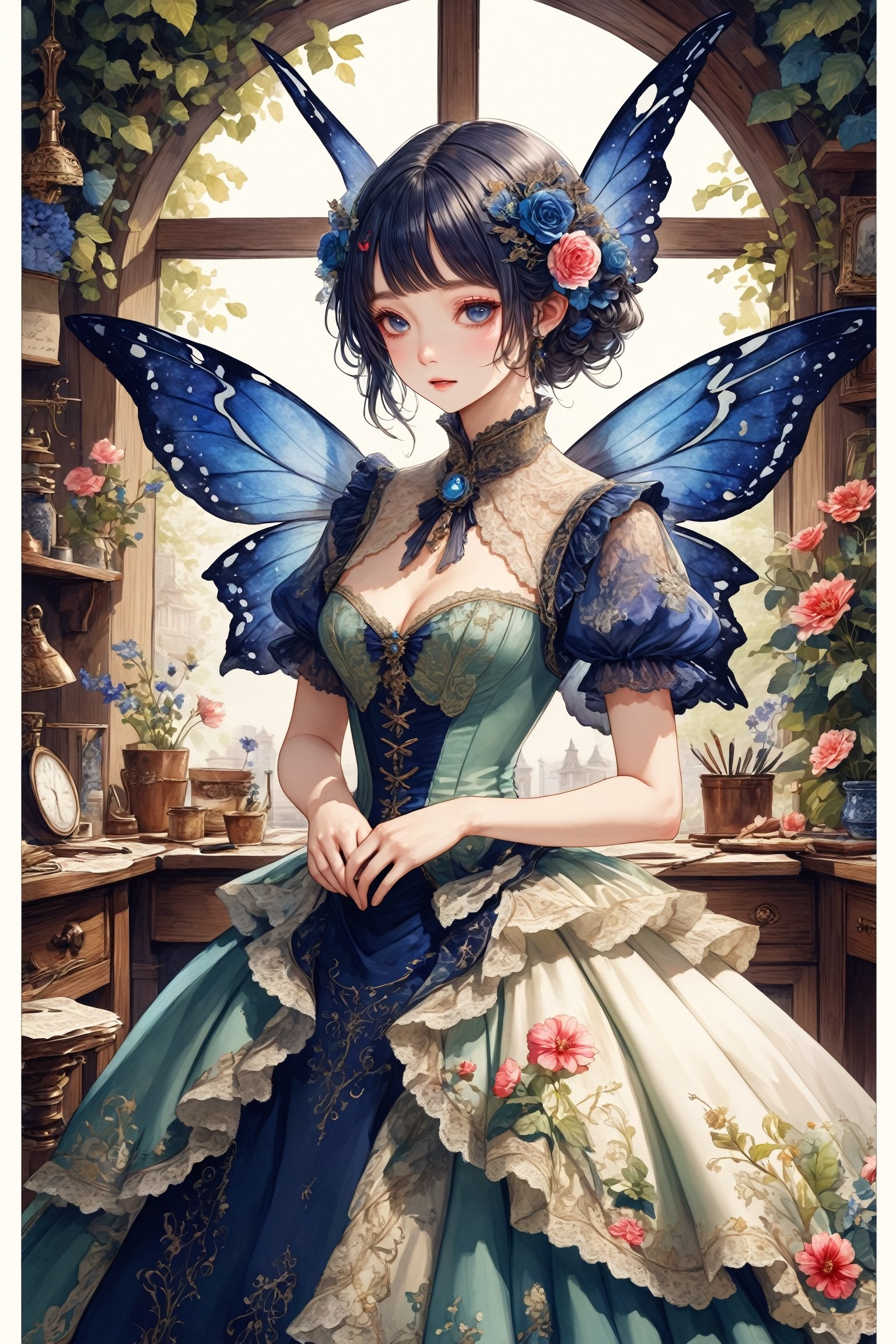 ultra Realistic,Extreme detailed,
beautiful fairy,In a quaint workshop adorned with enchanting flora, a skilled fairy tailor meticulously crafts fantastical garments,H effect,Wonder of Beauty,emo,extremely detailed,watercolor \(medium\),Victorian 
