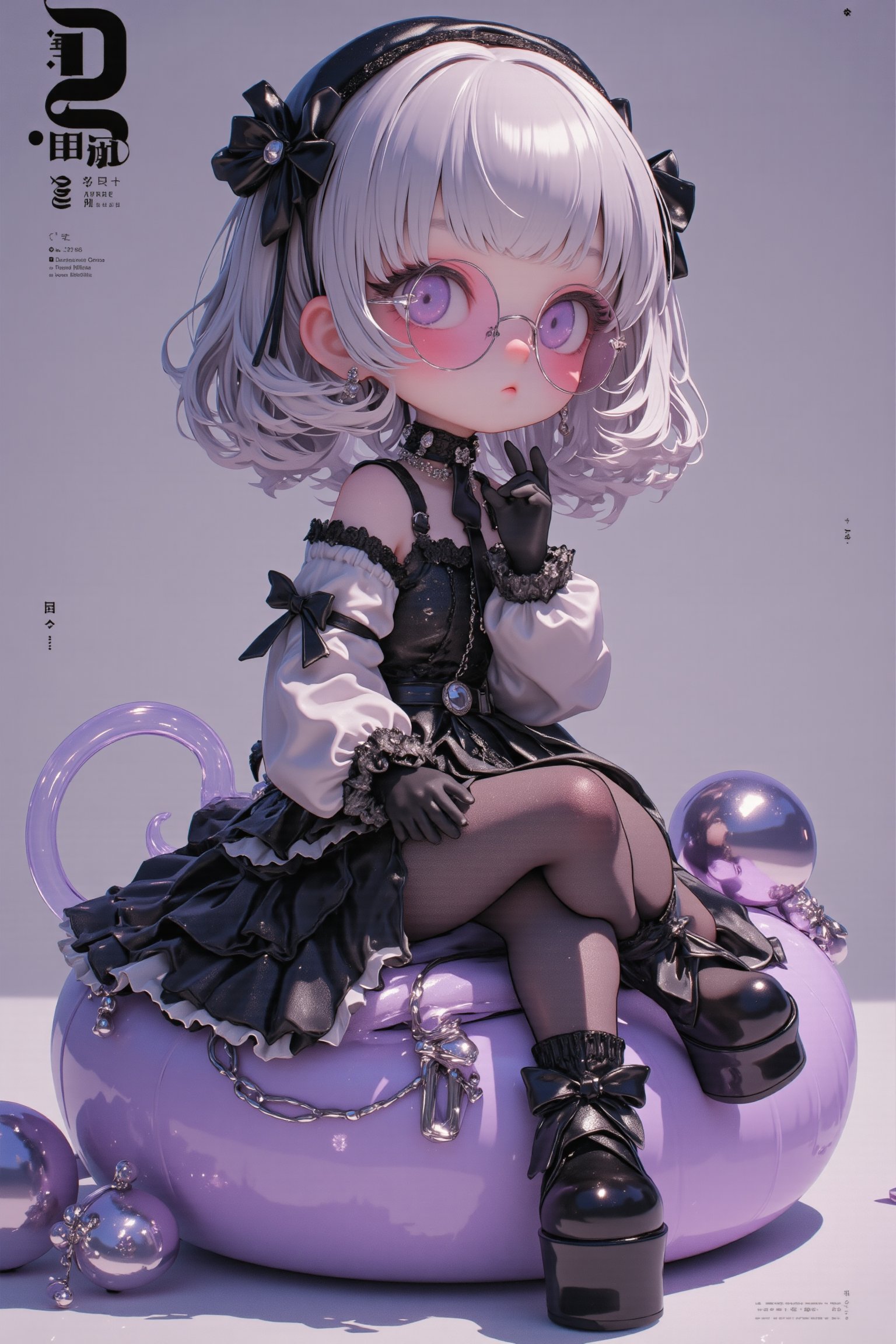 (Cute anime-style chibi figurine),3d figure,
Create a highly detailed figure, a cute girl sitting on a large cushion,Her outfit is Gothic Lolita style, featuring a black lace-trimmed dress with black ribbons and frills,wears pink-rimmed glasses,
She wears thigh-high stockings, black lace gloves, and platform shoes with ribbons,hair is styled in loose curls and adorned with a Gothic headdress, muted tones that complement the girl's elegant yet cute look,silver and purple accents to match her Gothic style,lyh,dal,create figure 2,