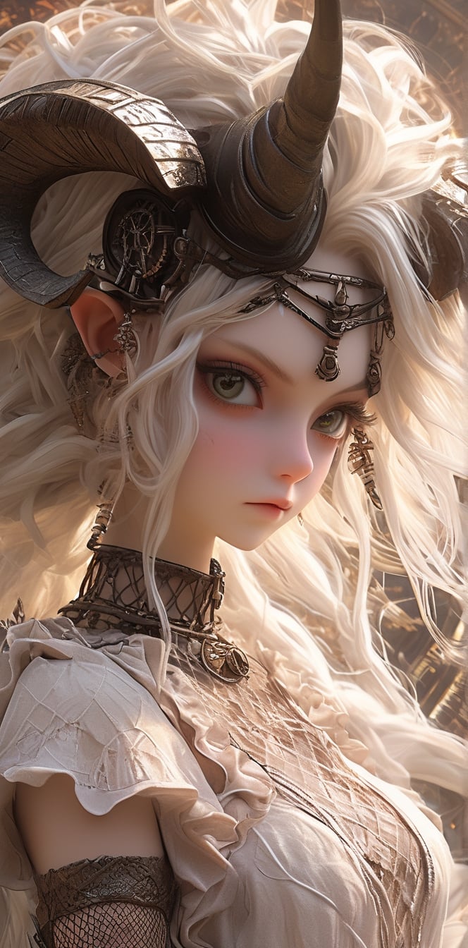 1 girl, (masterful), albino demon girl with lethargic sleepy smokey eyes,(white dreadlocks hair),((horizontal elongated pupils)),mesh fishnet blouse, (long intricate horns:1.2) ,
best quality, highest quality, extremely detailed CG unity 8k wallpaper, detailed and intricate, 
,steampunk style,Glass Elements