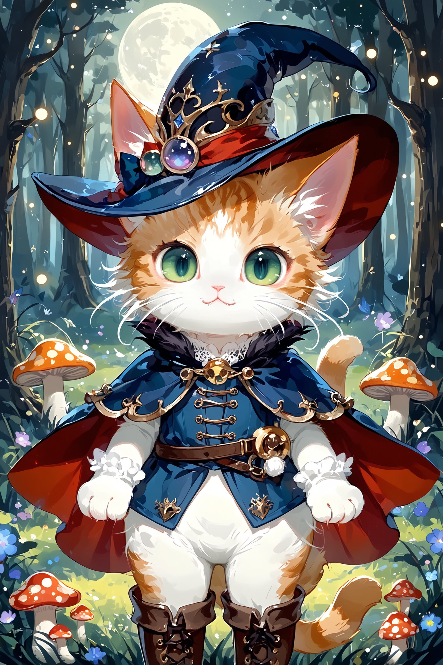 Cute fairy cat,Adorable Cait Sith fairy, dressed as Early Modern European musketeer, feline features with mystical aura, large expressive eyes, whiskers, pointed ears, wearing plumed cavalier hat, ornate doublet with lace collar, cape, breeches, and tall boots,magical sparks around paws, forest glade background with mushroom circles, misty atmosphere, moonlit scene, detailed fur textures, blend of photorealism and whimsical fantasy style,dal-6 style