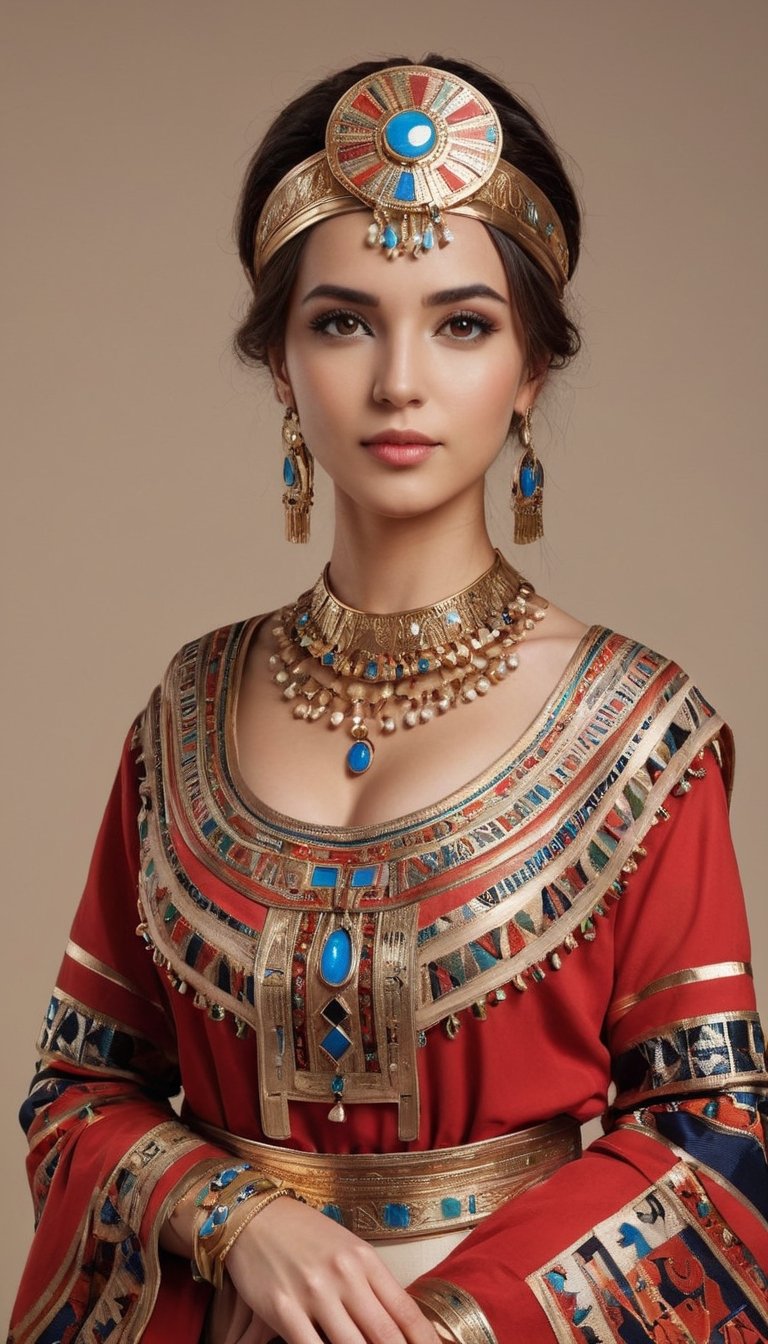 beautiful woman wearing the Bulgarian folk costume 'Nociya,' creatively arranged with an Egyptian twist, Envision the fusion of Bulgarian and Egyptian elements, incorporating traditional patterns and embellishments from both cultures. Picture the woman in the intricately designed 'Nociya' attire, adorned with Egyptian-inspired accessories, creating a harmonious blend of cultural aesthetics,」Ensure a visually stunning Bulgarian folk costume with  Egyptian,EgyptPunkAI