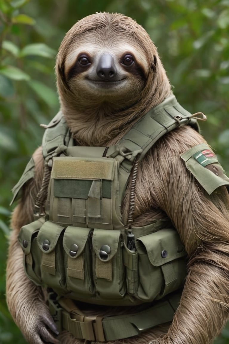 A sloth adorned in modern military gear exudes a powerful and commanding presence,Clad in tactical gear designed for efficiency and functionality, the sloth blends seamlessly into its surroundings with camouflage patterns and durable fabrics,Its keen eyes survey the terrain with precision,anthro,mw,More Reasonable Details