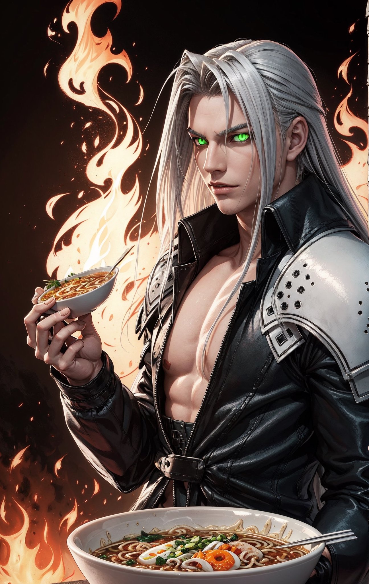 Sephiroth (Final Fantasy),single white wing,one winged angel wing,green glowing eyes,arrogant,manly,confident,eating ramen,dramatic,fire,
