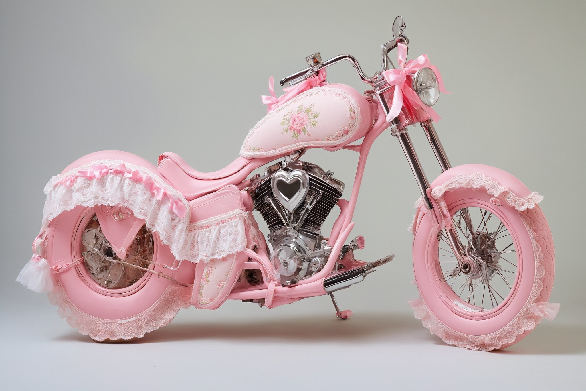  chopper bike styled in pink Lolita fashion. The bike's frame is painted a soft pastel pink, adorned with intricate white lace patterns and floral decals. The seat is upholstered in plush pink fabric with frilly lace trim, adding a touch of elegance. Handlebars feature delicate ribbons and small bows, while the wheels have heart-shaped spokes.