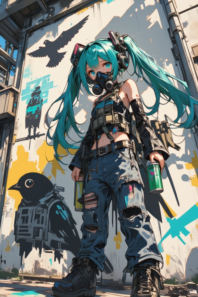 anime Style, Hatsune Miku, as a Banksy-like street artist, in progress, wearing her signature blue-green twintails and a sleeveless top, but with ripped jeans and combat boots. He holds a spray can in both hands, ready to paint. Gas masks covering the mouth and nose, creating a large mural stenciled onto a concrete wall on the street. The mural depicts a provocative Banksy-esque social commentary image, a pigeon wearing a bulletproof vest. Splashes of bright spray paint contrast with the dim background. High contrast, sharp details. 4K resolution.,acryli painting