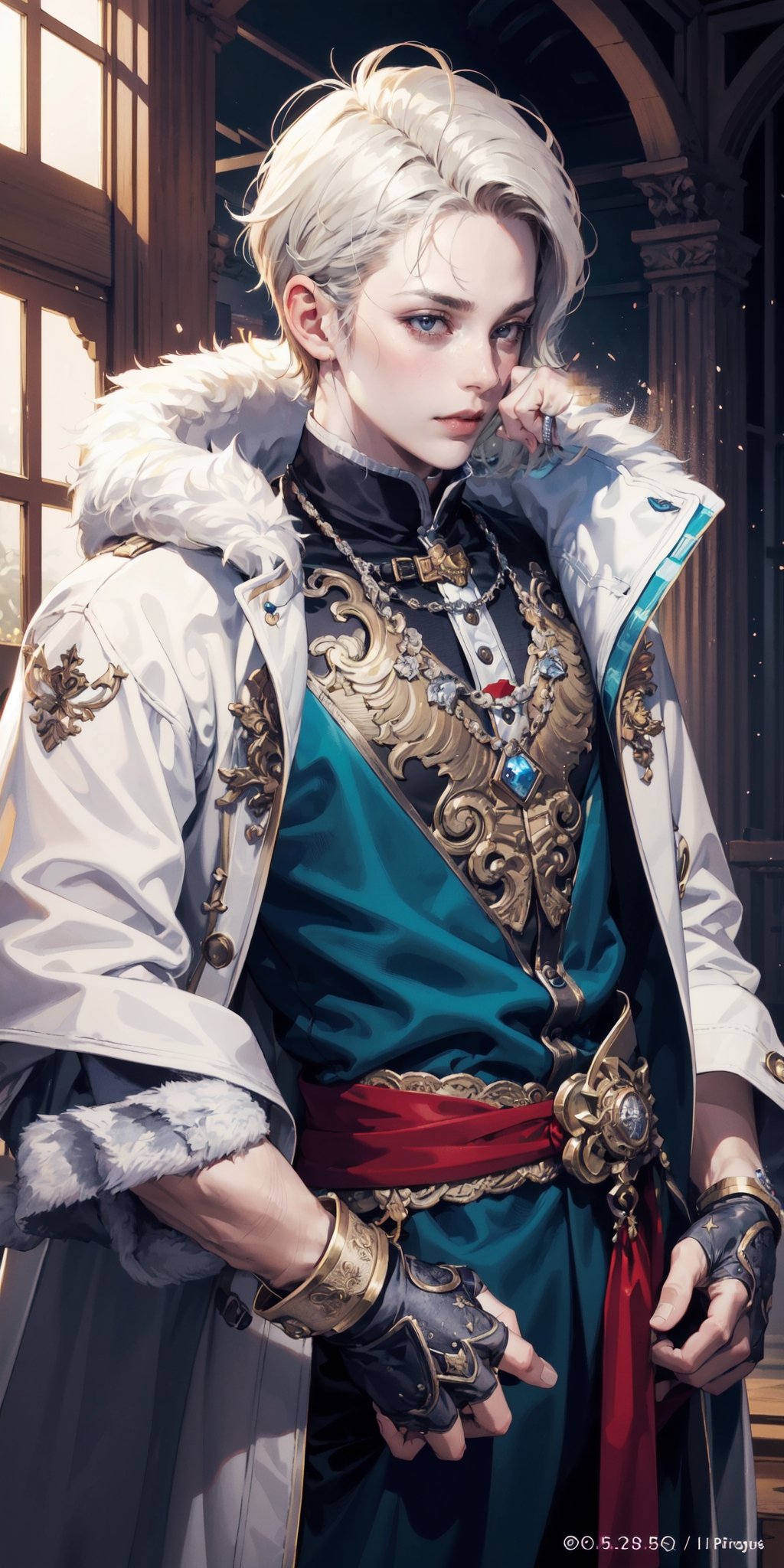 Extreme detailed,Realistic,solo,
official art, extremely detailed, Extreme Realistic,  Nordic beautiful teen boy,beautifully detailed eyes, detailed fine nose, detailed fingers,muscle body, wearing extremely detailed luxury male Prince Albert coat, high quality, beautiful high Detailed white short hair,