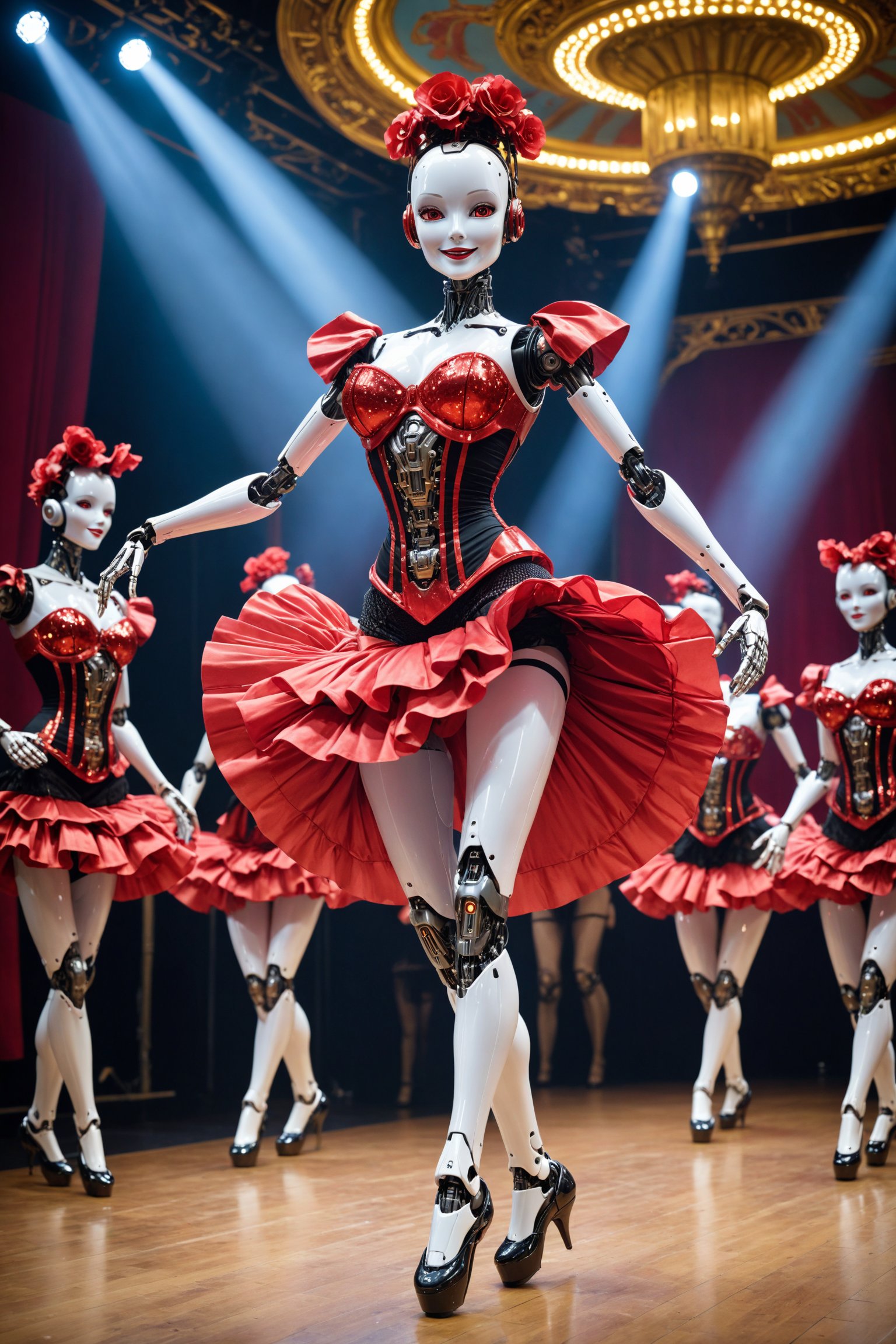 solo,1girl,Elegant humanoid robot,Beautiful robot face,performing a lively French cancan dance on a Parisian cabaret stage. The robot's sleek metallic body gleams under spotlights, with smooth joints allowing fluid movement. It wears a vibrant red and black ruffled skirt, corset, and fishnet stockings. Its face features expressive LED eyes and a coquettish smile. The robot's leg is kicked high, skirt swirling dramatically. Other robot dancers visible in the background. The stage is adorned with glittering lights and Art Nouveau decorations. The audience, a mix of humans and robots, watches in awe. Motion blur captures the energy of the dance.",FuturEvoLab-lora-mecha,Tech,Futuristic