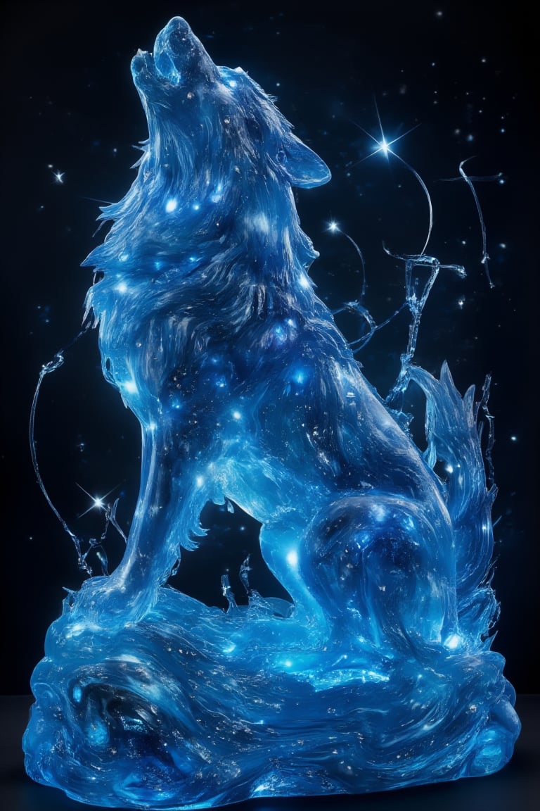 Translucent ice resin figure of a howling wolf, illuminated from within. Intricate details capturing the wolf's fur, facial features, and muscular structure. Figure posed with head tilted upward, mouth open in a howl,

Blue LED lights embedded inside, creating an ethereal glow that mimics the starry effect in the original image. Light diffuses through the semi-transparent resin, highlighting the wolf's form and creating a celestial atmosphere,
Tiny fiber optic strands integrated throughout the sculpture, representing stars and cosmic energy. These strands extend beyond the wolf's outline, suggesting a connection with the universe.
Base of the figure designed to resemble a swirling galaxy, with embedded lights and glitter to create depth and movement,
Resin mixed with subtle shimmering particles to enhance the magical, star-like quality when lit. Varying degrees of transparency in different parts of the sculpture to control light diffusion and create depth,
Overall effect: A stunning, three-dimensional interpretation of the cosmic wolf image, blending the beauty of ice sculpture with the technological possibilities of resin casting and LED lighting.,noc-space,Space Background