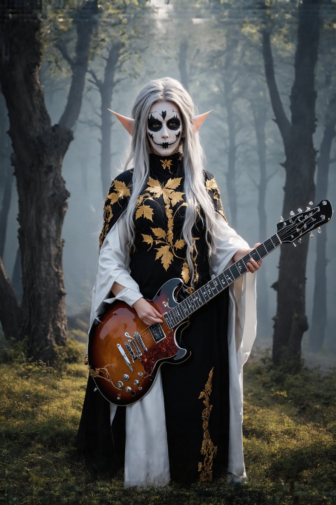 striking female elf,elf ear, stands center stage, embodying both ethereal beauty and dark majesty. She wears an ornate priestly robe in white and gold, its intricate embroidery depicting ancient elven runes and celestial symbols. The robe's high collar frames her face, accentuating her sharp elven features. Her face is adorned with elaborate corpse paint, stark white with black designs that highlight her otherworldly beauty and fierce expression. Long, silver hair cascades down her back, adorned with delicate golden leaves. In her hands, she wields a jagged electric guitar, its body crafted by master elven artisans. The guitar gleams with a dark, metallic sheen and is adorned with intricate carvings of mythical beasts. She stands on a misty forest stage, ancient trees looming in the background.