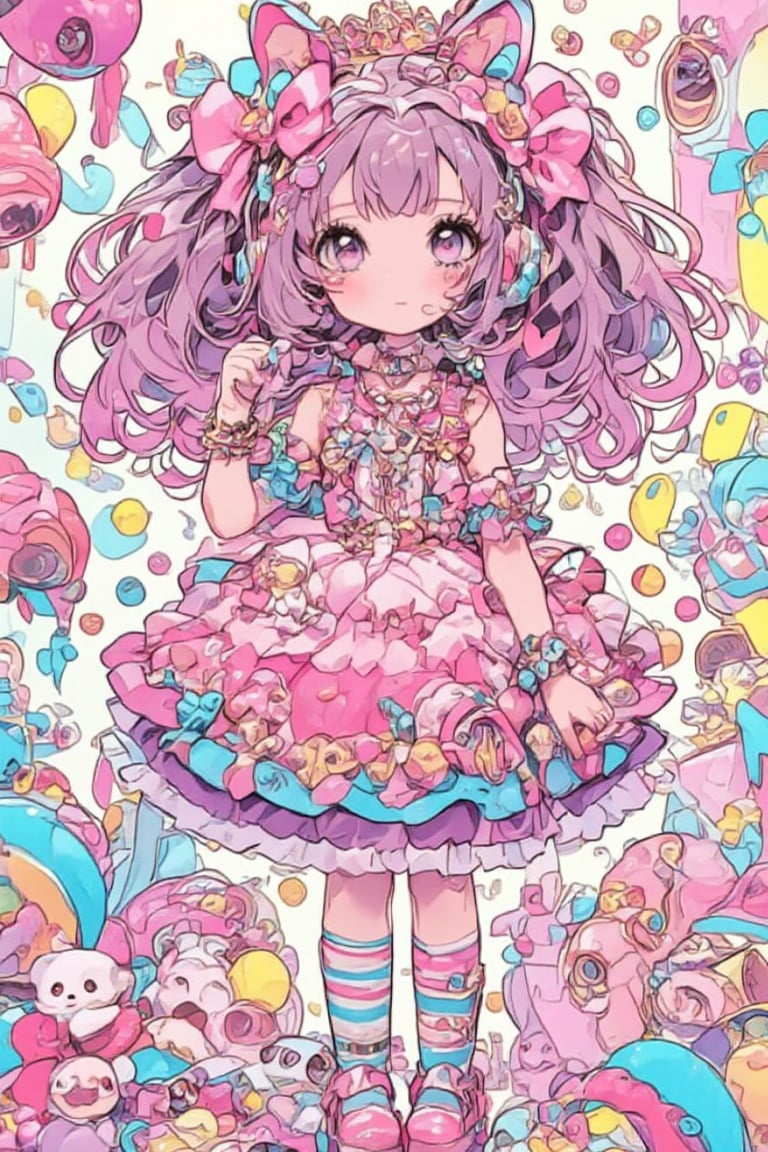 1girl ,vtuber anime character design,love＋peace＋ice cream,big Eyes,(Eyes that protrude from the contours of the face:1.1),(Extremely deformed eyes),
An over-the-top maximalist Vtuber character in hyper-decorative pink Lolita fashion. Her anime-style face features enormous, sparkling eyes in gradient pastel colors, framed by impossibly long eyelashes. Her multi-layered hair cascades in a riot of pastel pinks, purples, and blues, adorned with an excess of bows, flowers, and glittering accessories. She wears a frilly, cupcake-shaped dress in various shades of pink, covered in lace, ribbons, and ruffles. The dress is further embellished with candy motifs, stuffed animals, and miniature tea sets. Multiple petticoats peek out from beneath, each a different shade of pink. She sports striped stockings and platform shoes with heart-shaped buckles, Numerous bracelets, rings, and necklaces adorn her, along with a tiara and cat-ear headphones, background is a dizzying collage of pastel colors,anime style,anime girl,future0615,niji,Chibi-chan,ct-animepopstyle