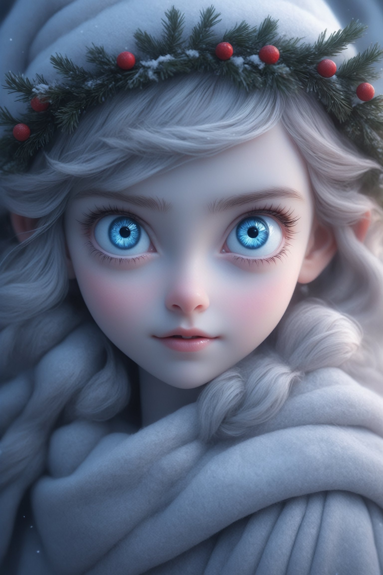 ultra Realistic, Extreme detailed, 1 girl 12years old,Christmas theme,girl of noble bloodline,(small eyes), the girl has Beautiful blue eyes,soft expression,Depth and Dimension in the Pupils,So beautiful eyes that 
Has deep clear eyes,detailed eyelashes,mesmerizing iris colors,
,(Dimly shining eyes),heterochromia_iridis, the skin color is closer to white, the girl should be at the bottom of the picture where only the top of her head is visible,
Christmas Fantasy World,perfecteyes,Anime ,3D