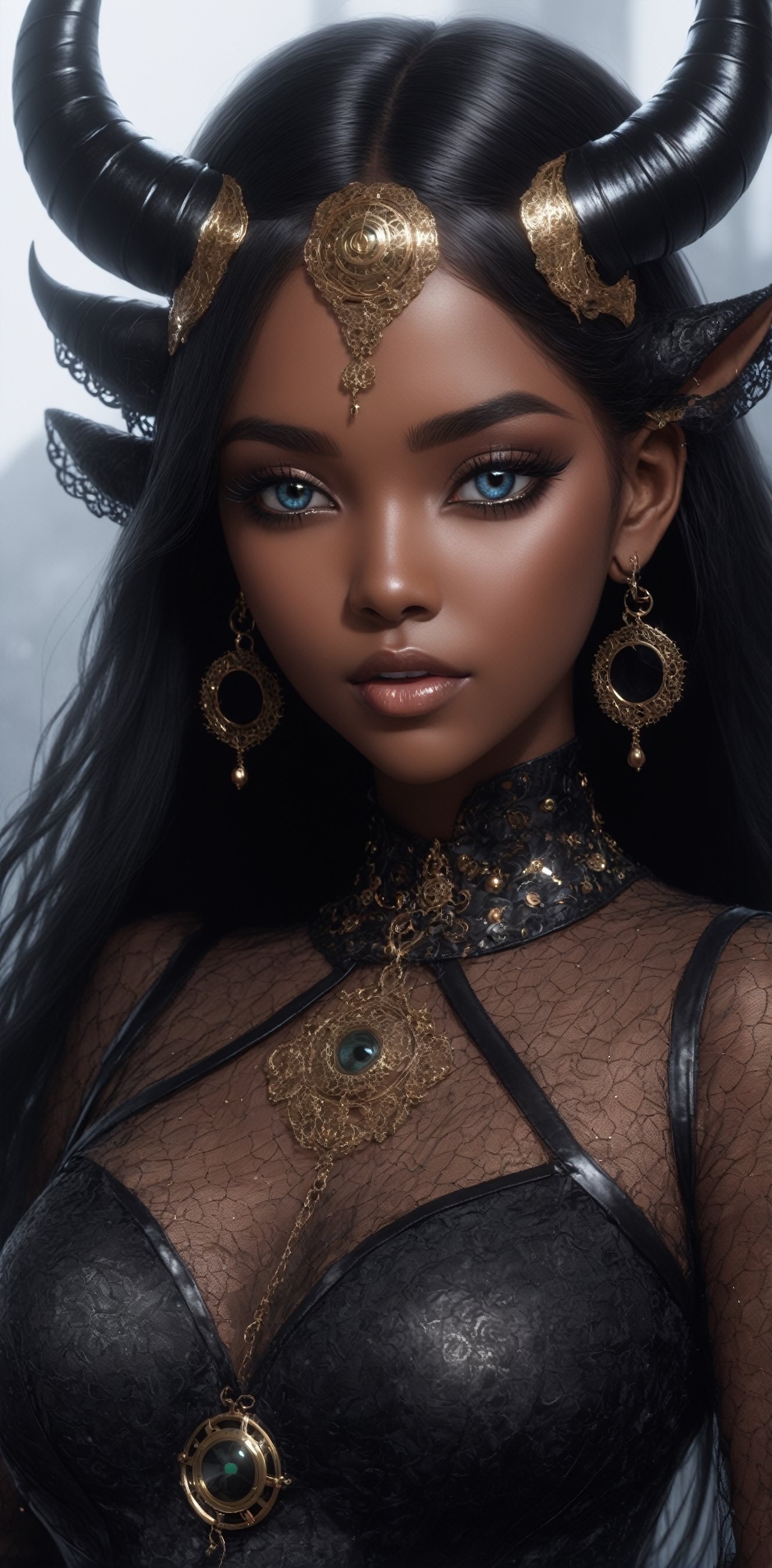 1 girl, (melanism), melanism demon girl,((slit pupil eyes)),solid black skin,
mesh fishnet blouse, (long intricate horns:1.2),Incredibly beautiful looks,
best quality, highest quality, extremely detailed CG unity 8k wallpaper, detailed and intricate, 
,steampunk style,Glass Elements