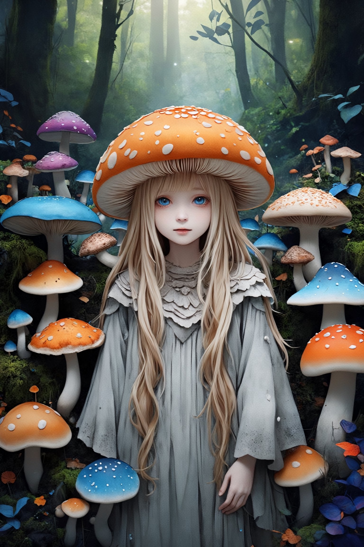 albino mushroom girl, mushroom Head,
stands amidst the tranquility,Adorned with soft, pale-colored petals resembling mushroom caps and delicate mycelium cascading from her hair, she exudes ethereal beauty.,Her eyes silver or pale blue, convey mystery and wonder as she moves gracefully through the enchanted landscape, Surrounded by vibrant colors and playful woodland creatures, she embodies the magic and wonder of nature's hidden treasures.",mushroomz,dal