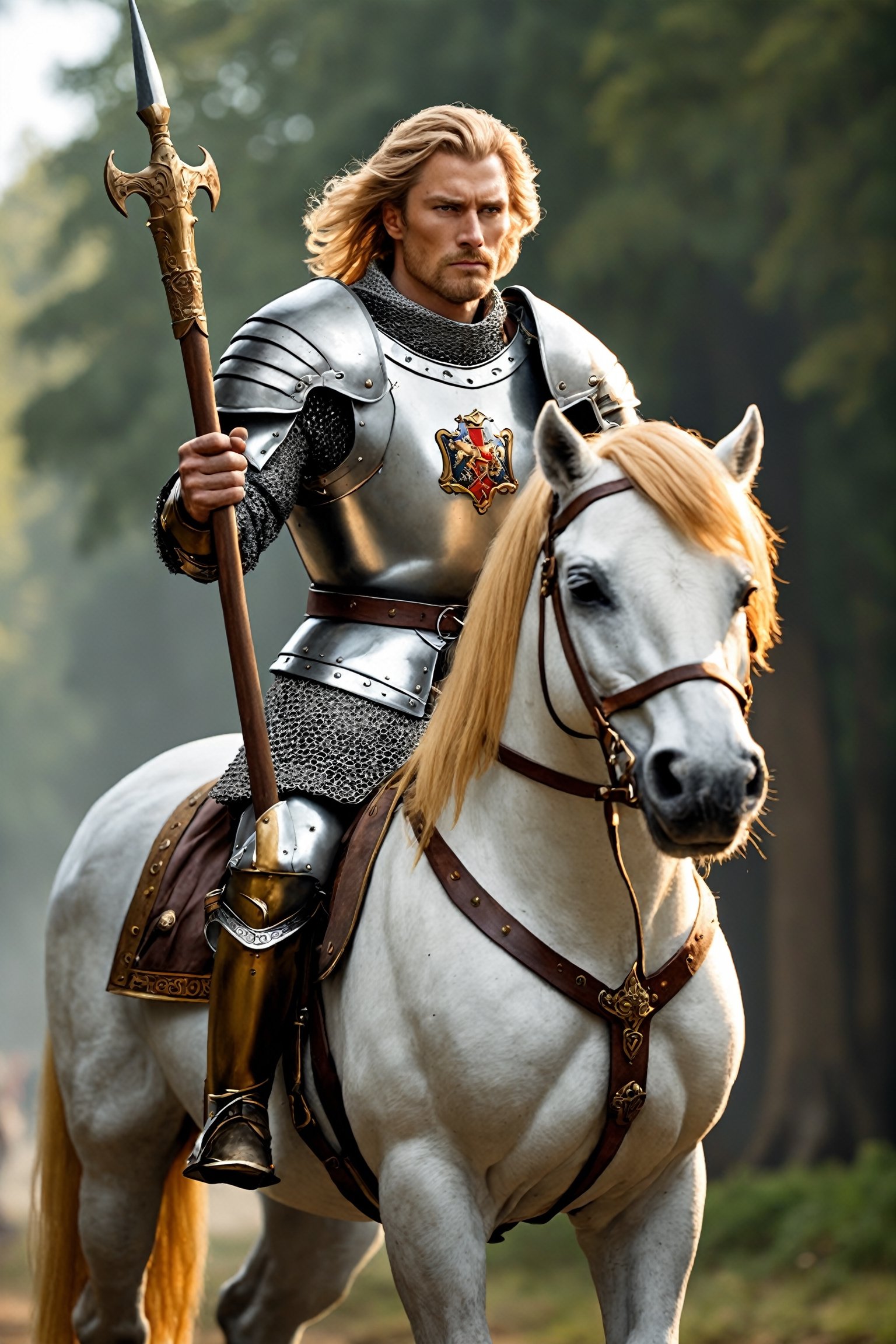  Richard the Lionheart, mounted on a majestic steed, leading his troops with regal authority. Clad in shining armor adorned with the lion crest, he embodies strength and courage on the battlefield. With golden hair flowing and a fierce gaze, he inspires awe among allies and fear in enemies. Richard's lionhearted spirit epitomizes knightly virtue and leadership, a true lion of the battlefield.",photo_b00ster,DonM1uth3rXL