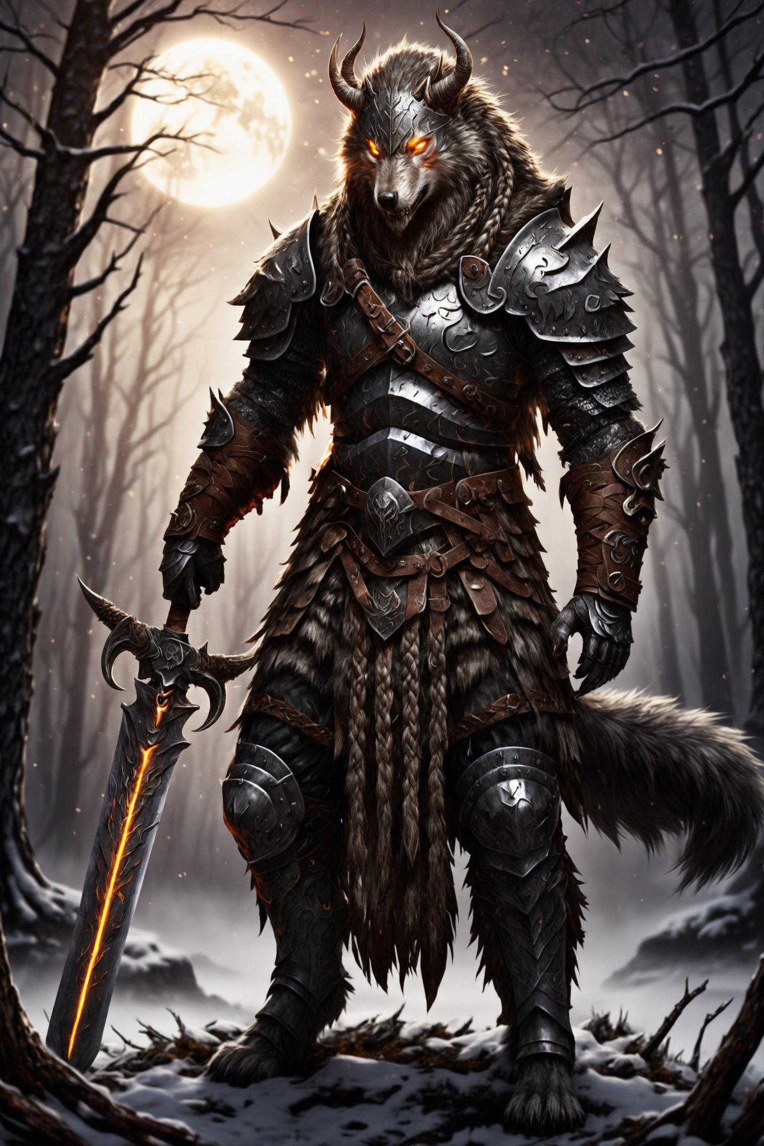 Werewolf warrior in Viking attire,wolf face, massive greatsword resting on shoulder, fur-trimmed leather armor, Norse runes on blade, standing amidst ancient pine forest, misty atmosphere, moonlight filtering through branches, glowing amber eyes, wolf-like features, battle-scarred, muscular physique, braided beard, iron helmet with horns, snow-covered ground, distant howling, photorealistic style, dramatic lighting,LegendDarkFantasy,kawaii knight,cyborg,royal knight,werewolf,IzutsumiPXL,GaelicPatternStyle